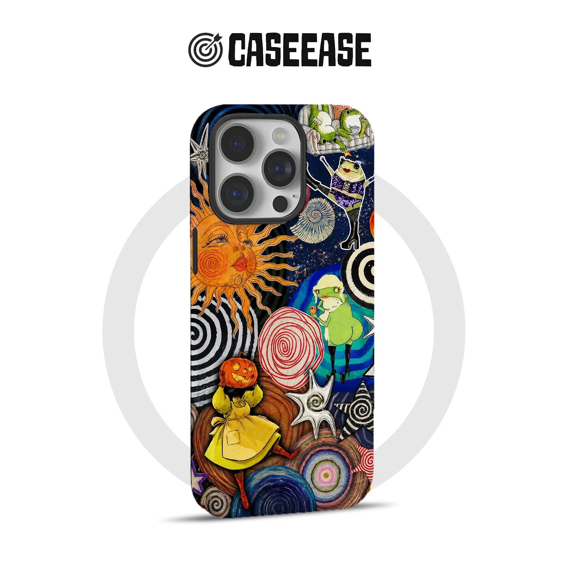 Colorful illustrated CASEEASE phone case with frogs and sun, rear product view