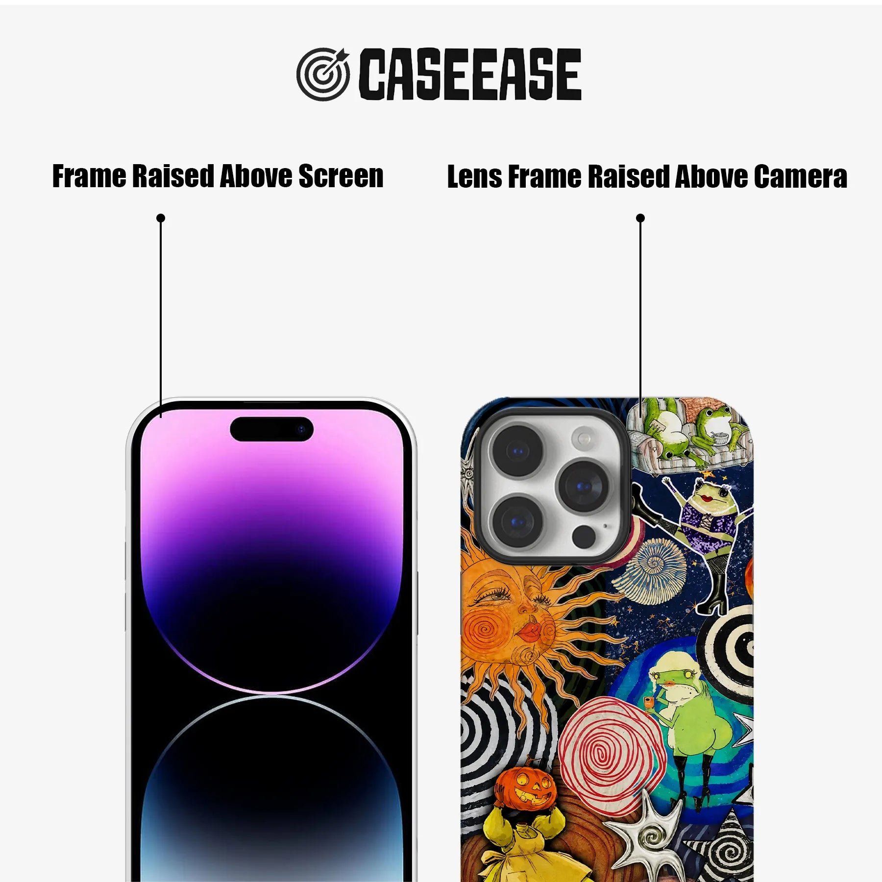 Colorful illustrated phone case front and rear angle showing raised screen and camera frames