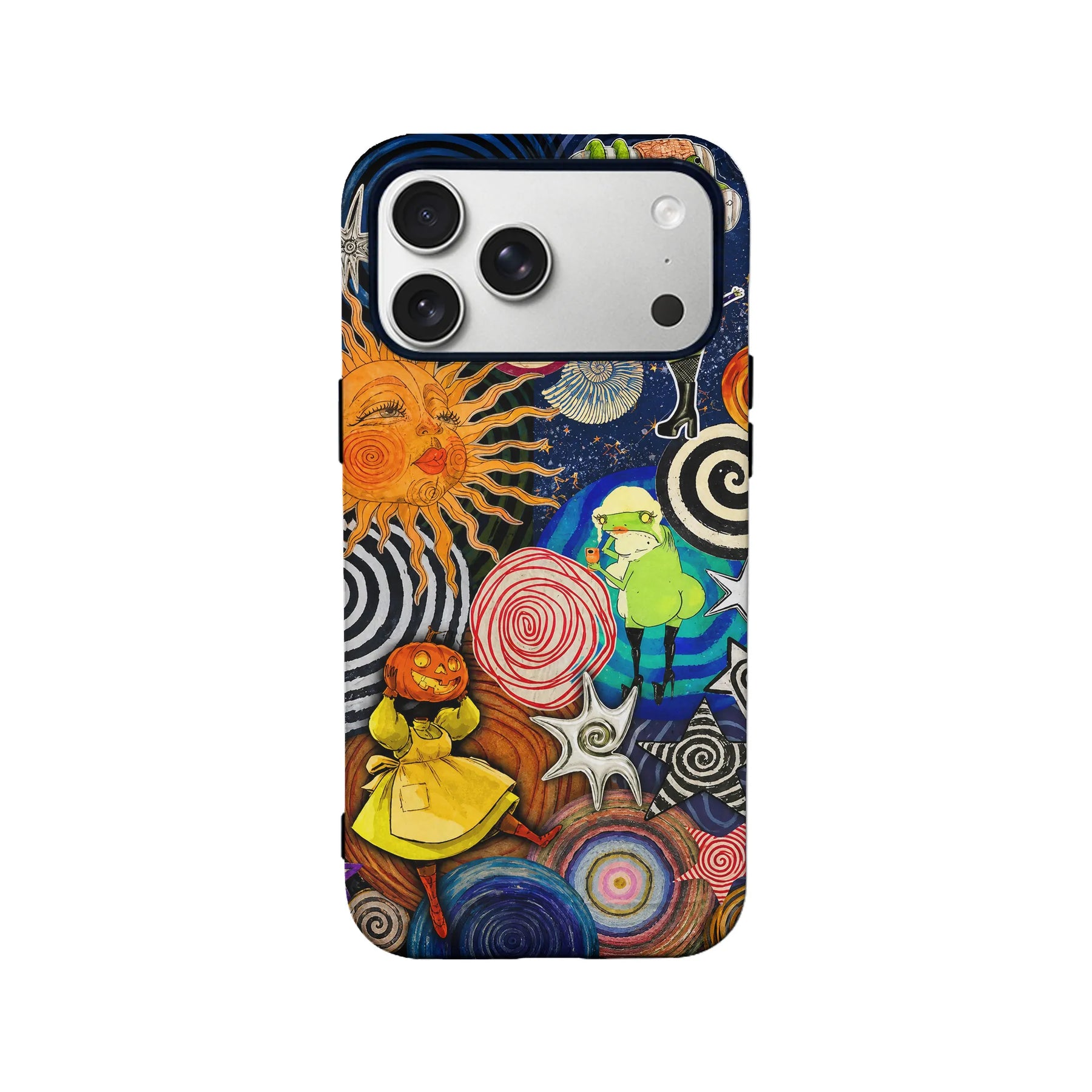Colorful surreal collage phone case, rear view with sun, spirals, and characters
