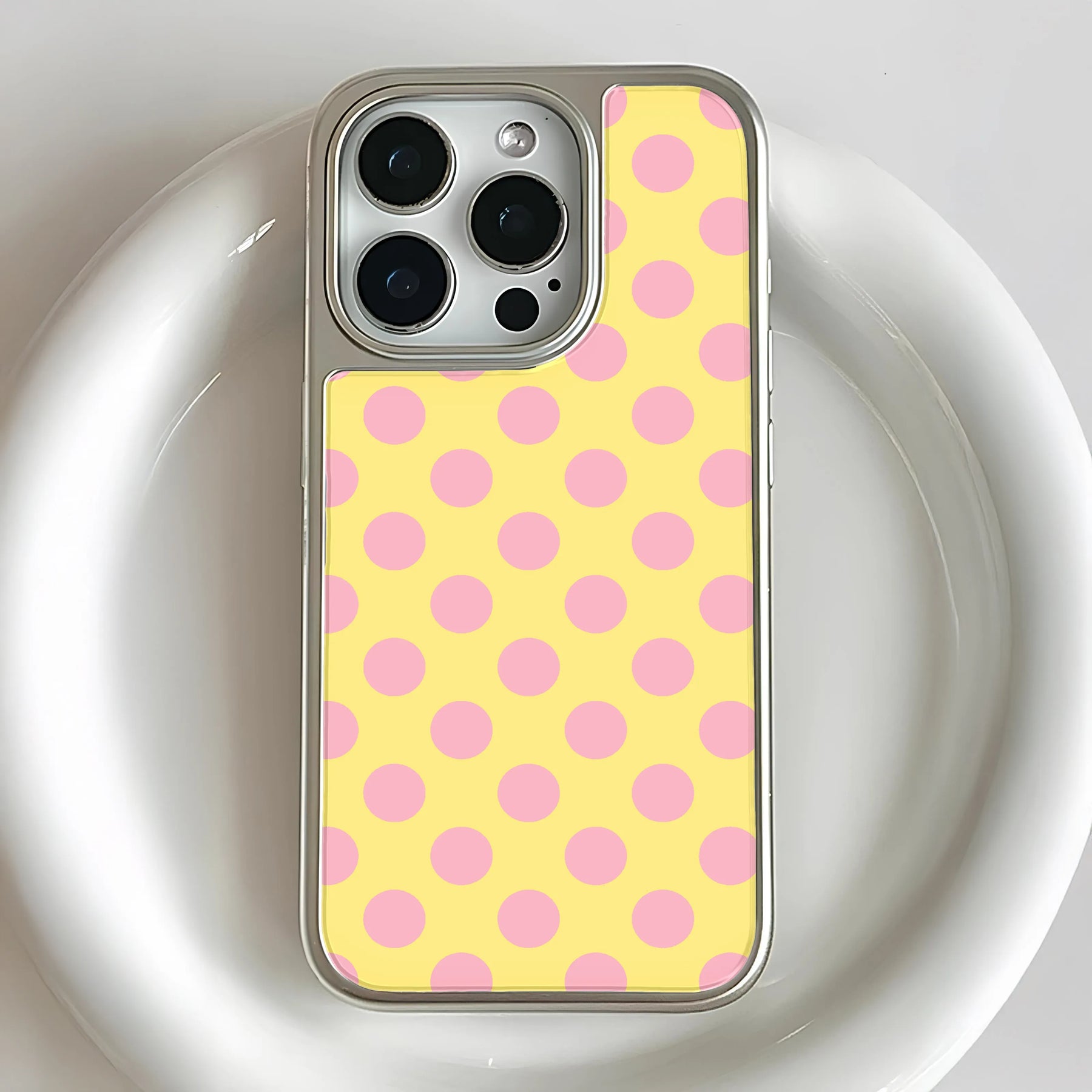 Funda para teléfono holográfica con lunares cromados - Amarillo brillante con puntos rosas