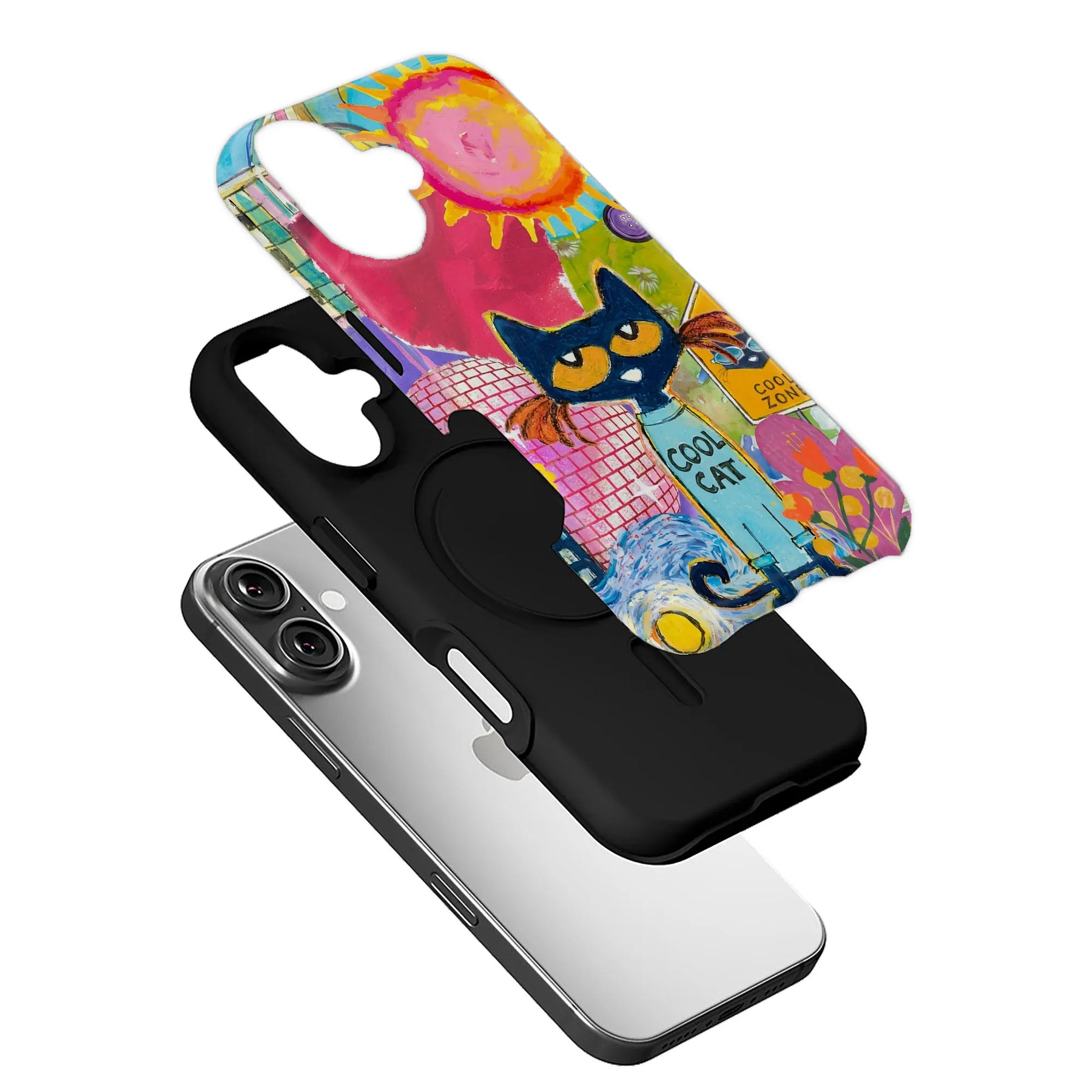 Colorful illustrated cat phone case with black inner shell shown angled above smartphone