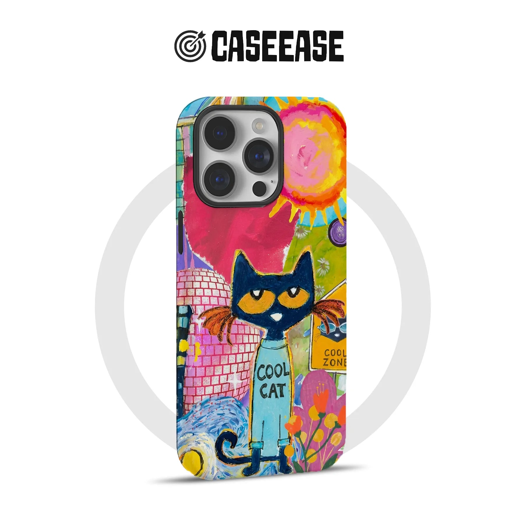 Colorful illustrated cool cat phone case, rear view with camera cutout