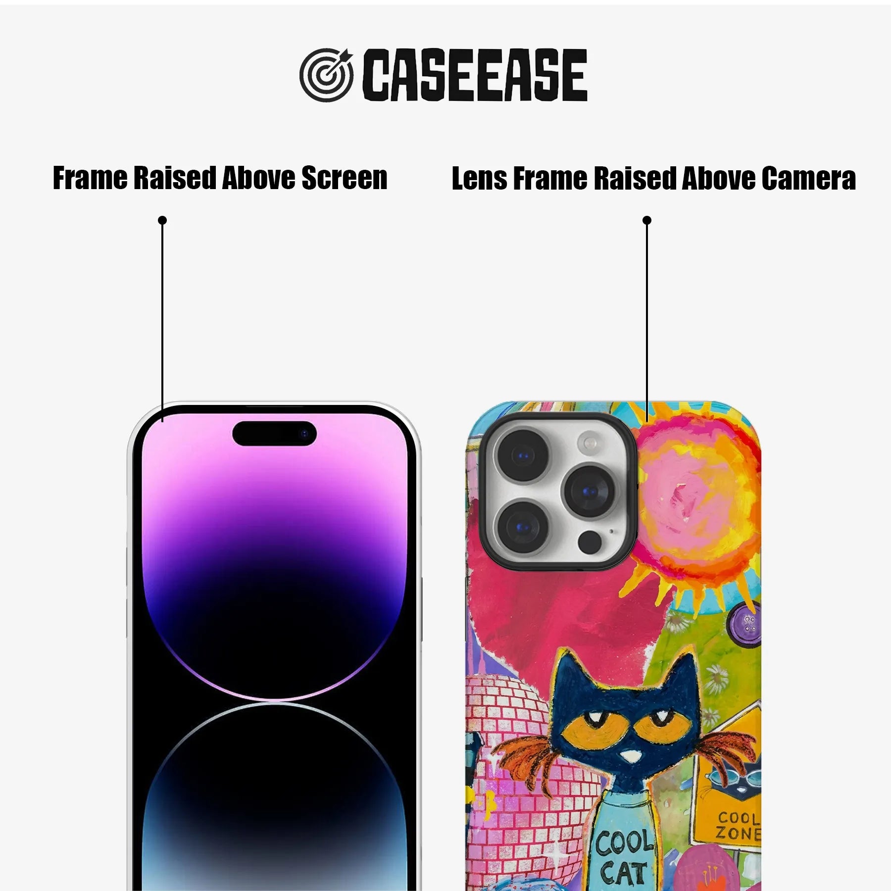 Colorful CASEEASE cat phone case front and back showing raised screen and camera frames
