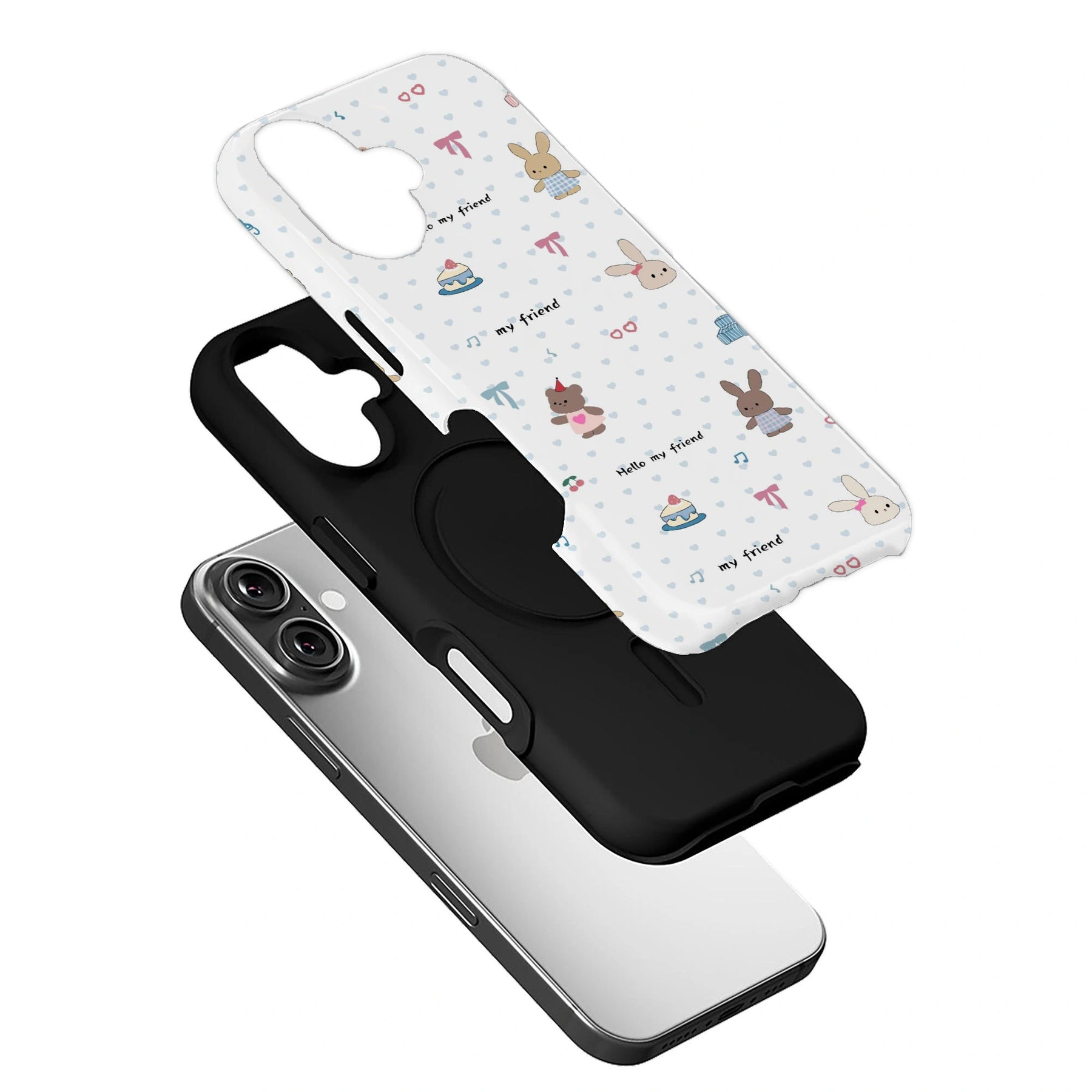 Bonita funda para teléfono con diseño de conejito y oso: "Hola, amigo"
