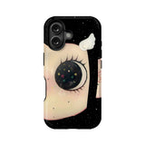 Black starry phone case with pastel crescent eye artwork, shown from back