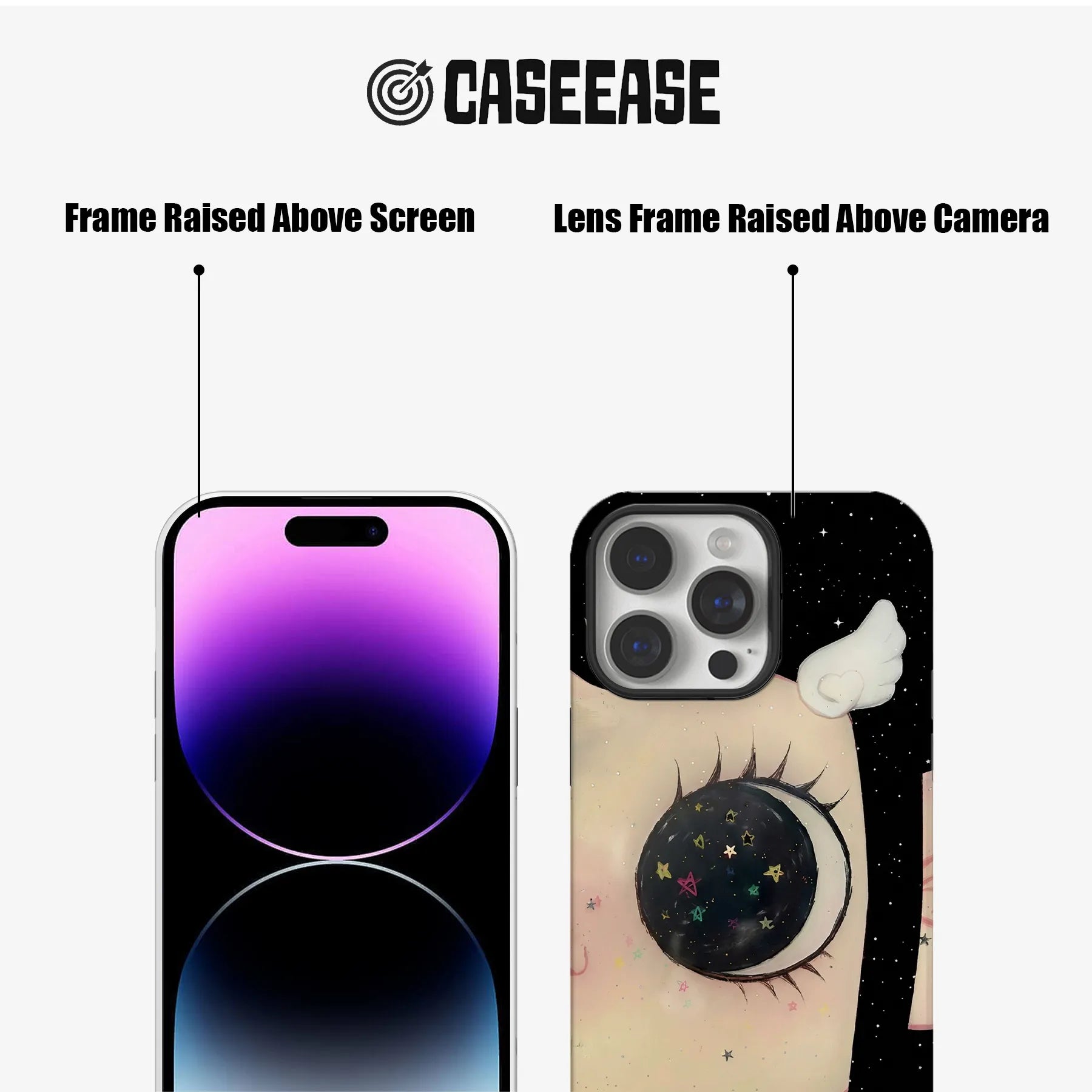 Black starry eye phone case front and rear view with raised camera frame