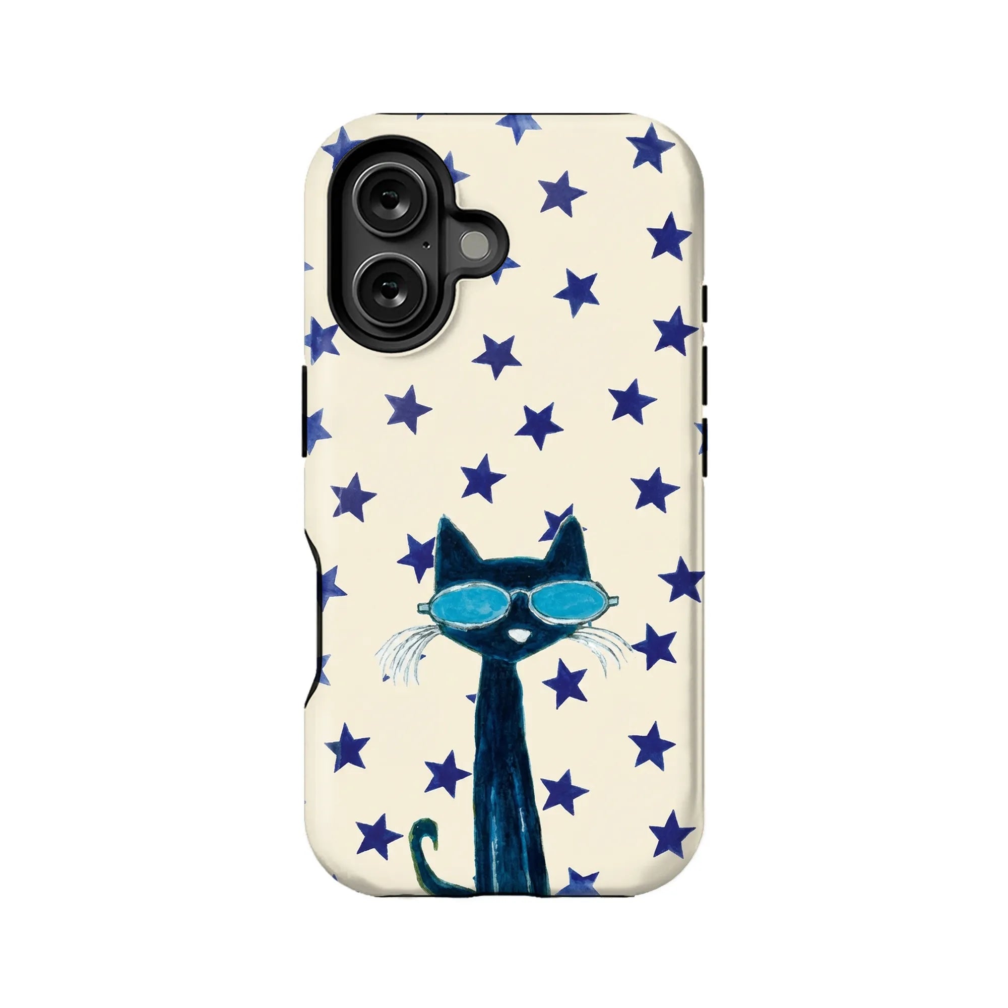 Cream plastic phone case with blue stars and sunglass cat design, rear angle
