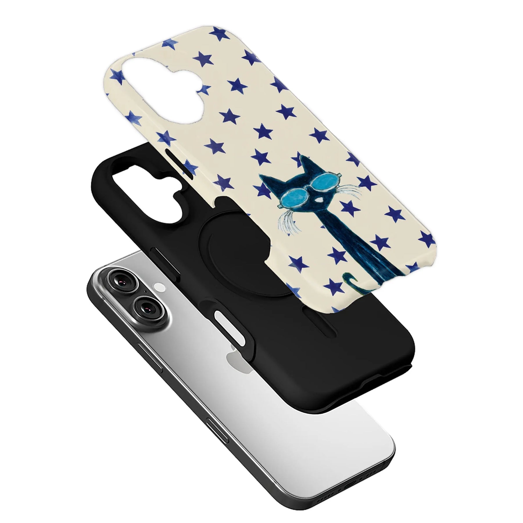Cream and black phone case with blue stars and cat wearing sunglasses, angled exploded display