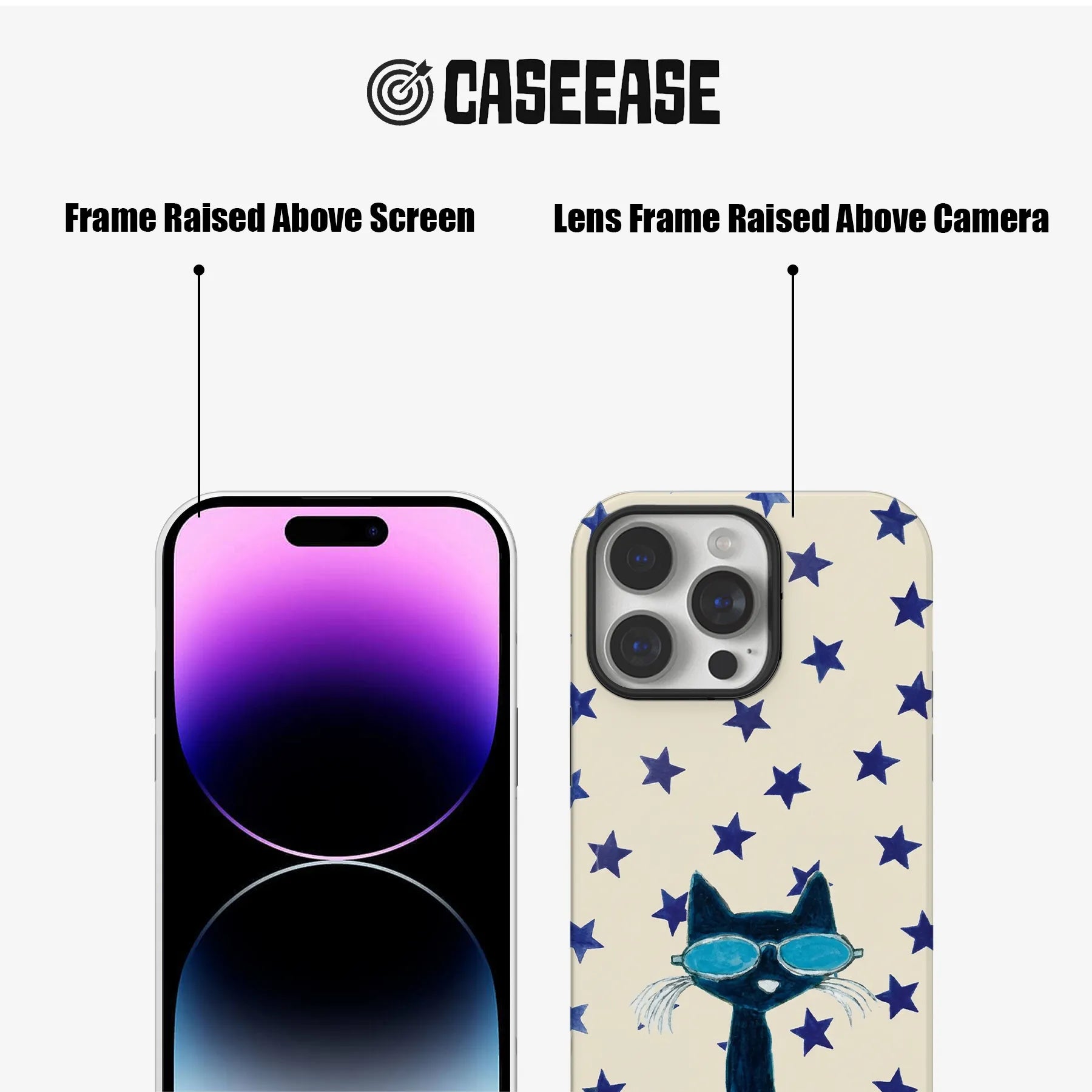 Cream phone case with blue stars and cat, front and rear raised-frame detail
