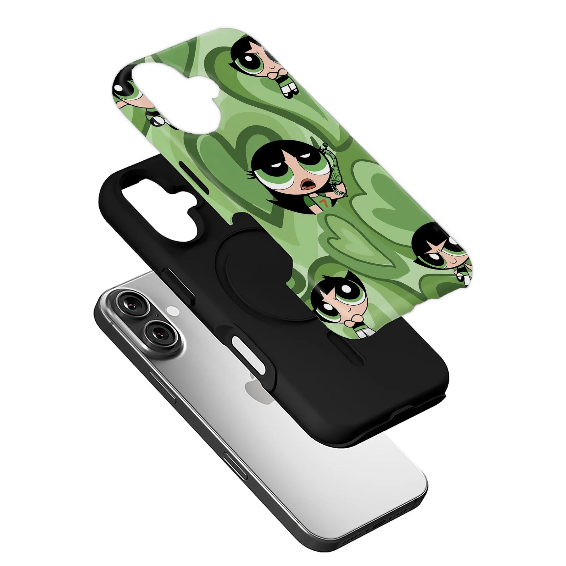 Green cartoon character printed phone case with black base, angled exploded product display