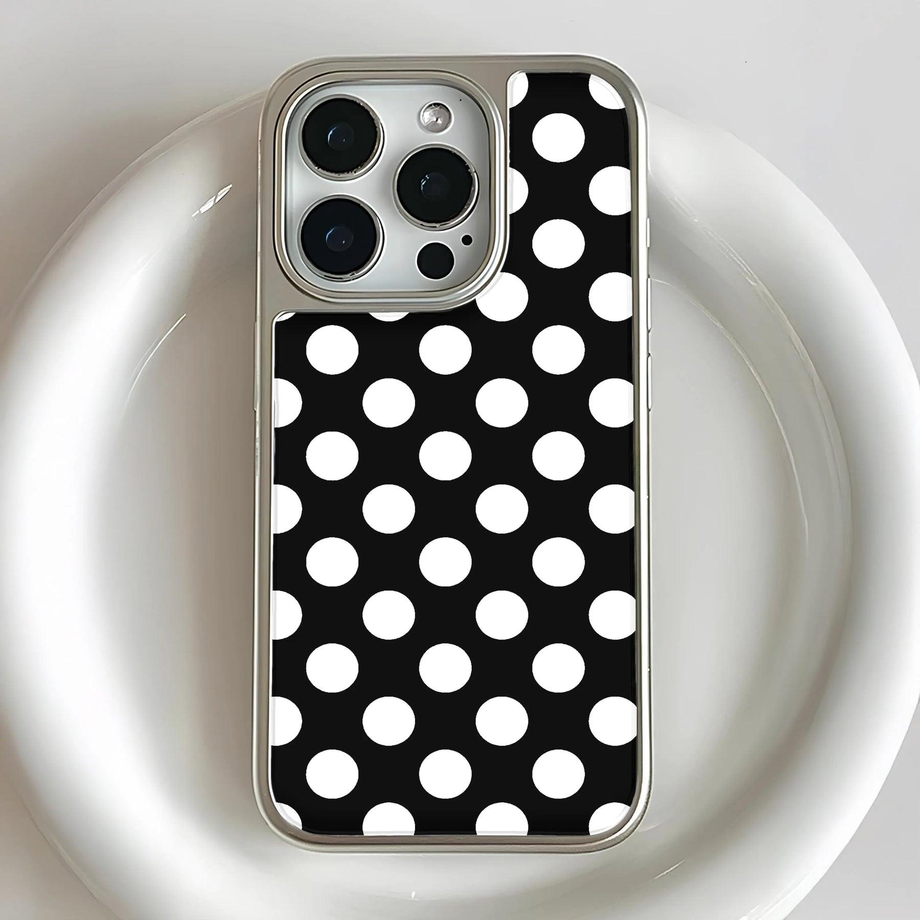 Holographic Chrome Polka Dot Phone Case - Classic Black & White Design