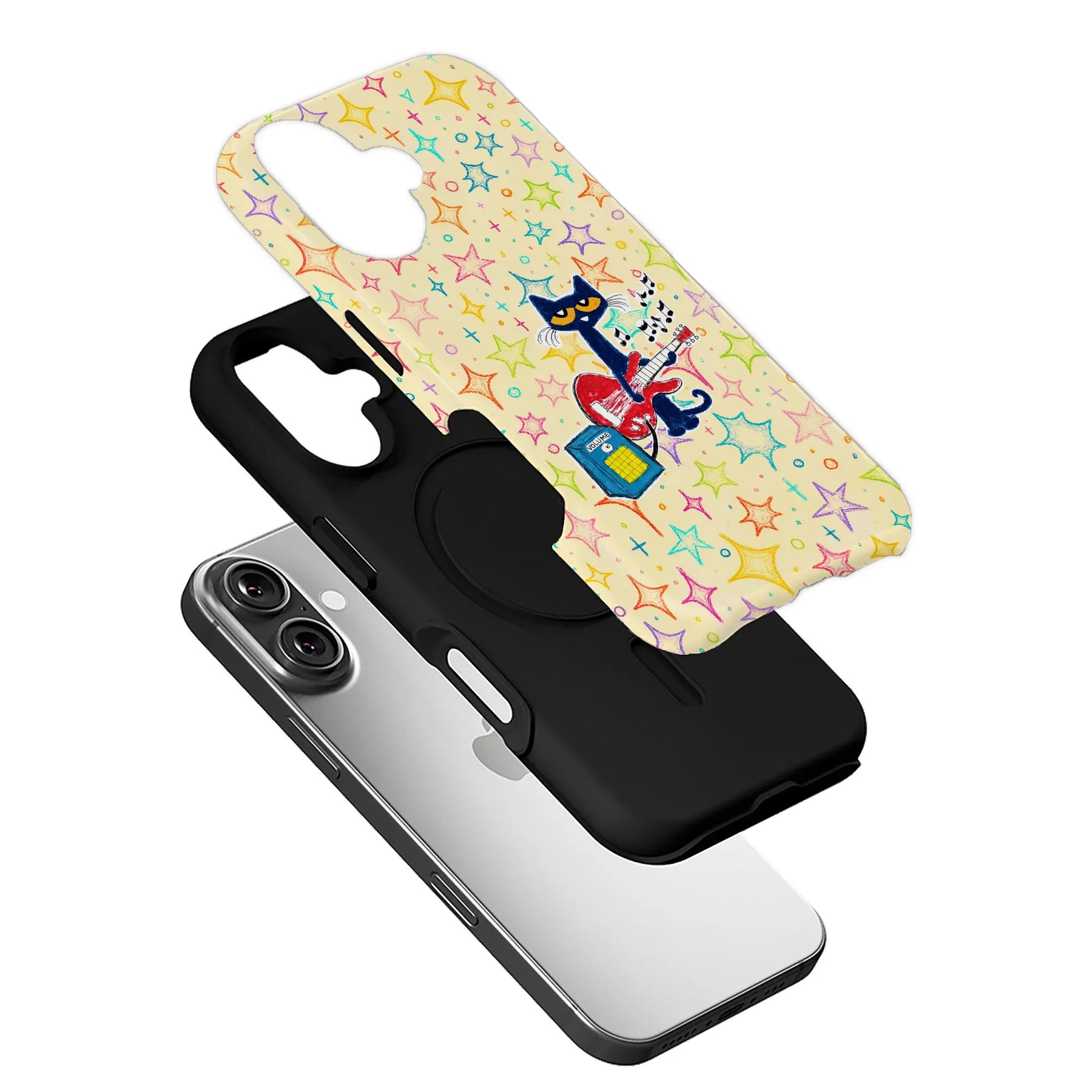Cream phone case with colorful stars and guitar cat design, angled product display