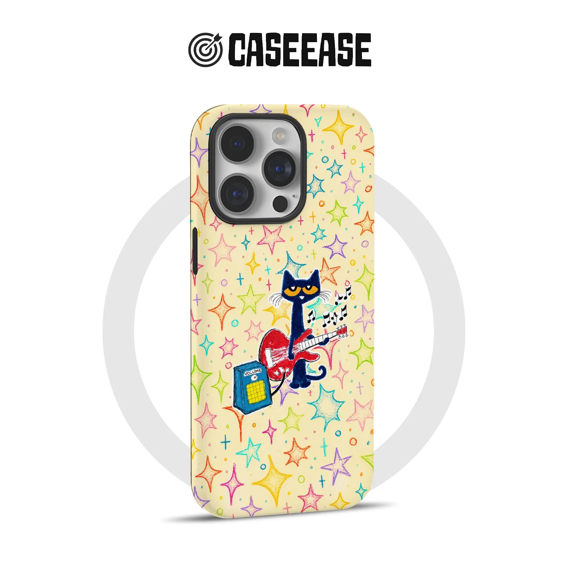 Cream phone case with colorful stars and guitar-playing cat, rear product angle