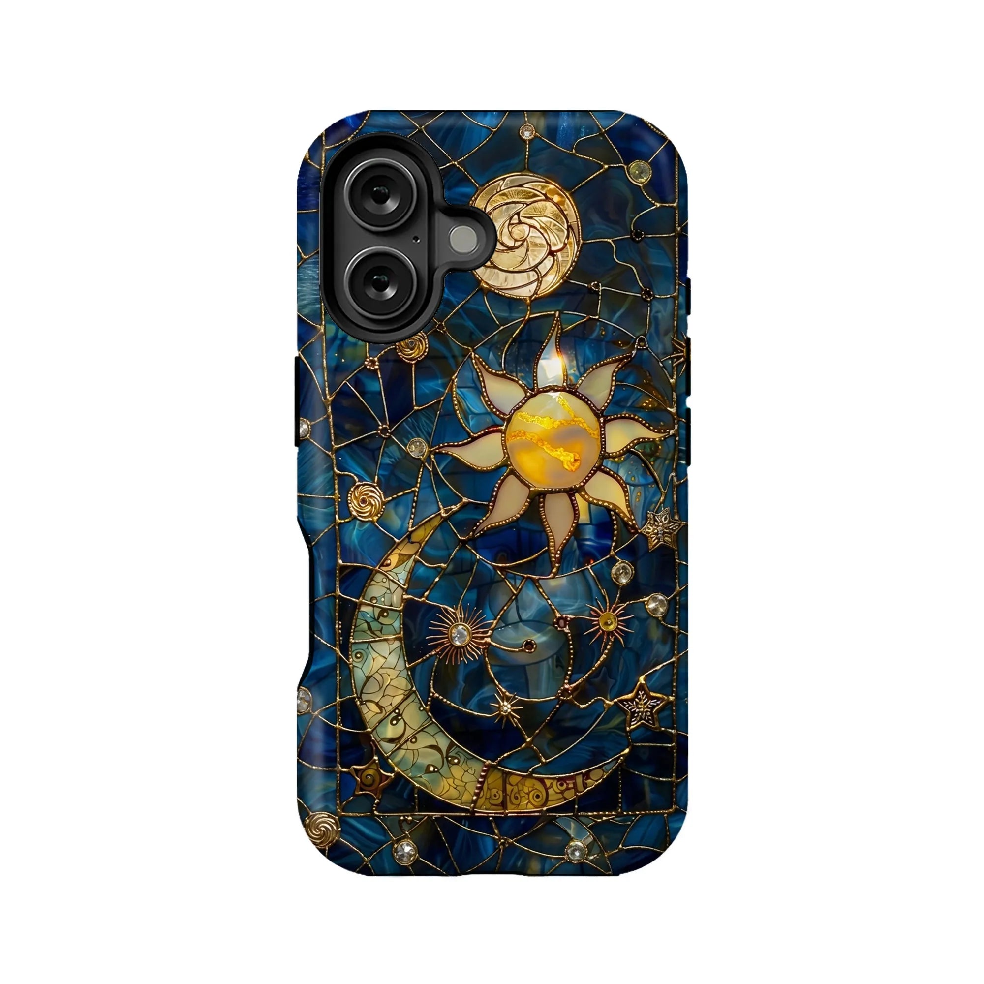 Blue celestial phone case with gold sun and moon design, rear product view