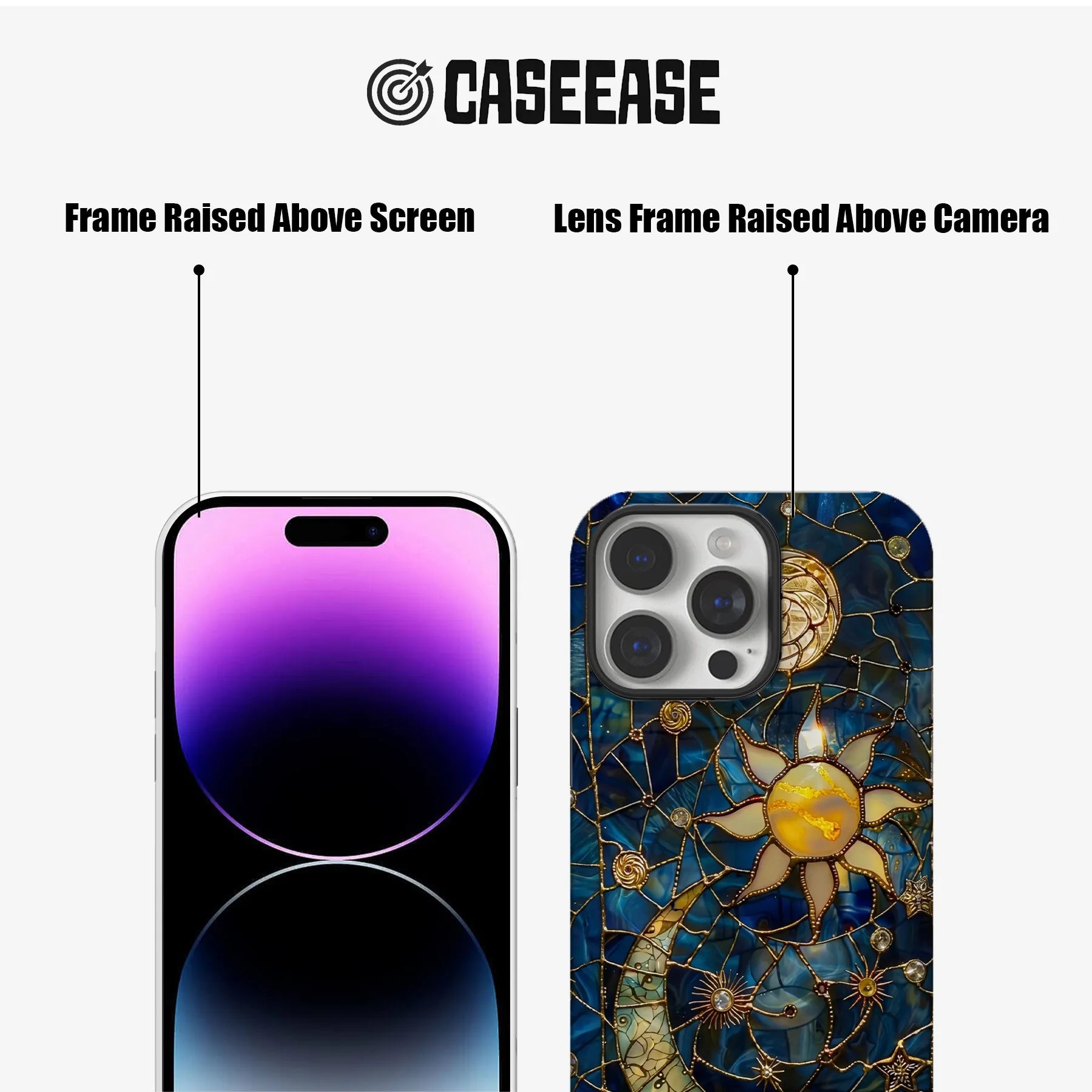 Blue celestial phone case front and rear close-up showing raised screen and camera frames