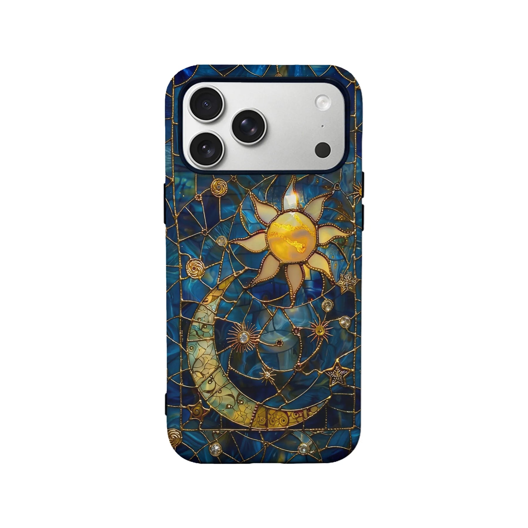 Blue celestial phone case with gold sun and moon design, rear product view