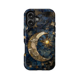Blue and gold celestial mosaic phone case, rear view with moon and sun design