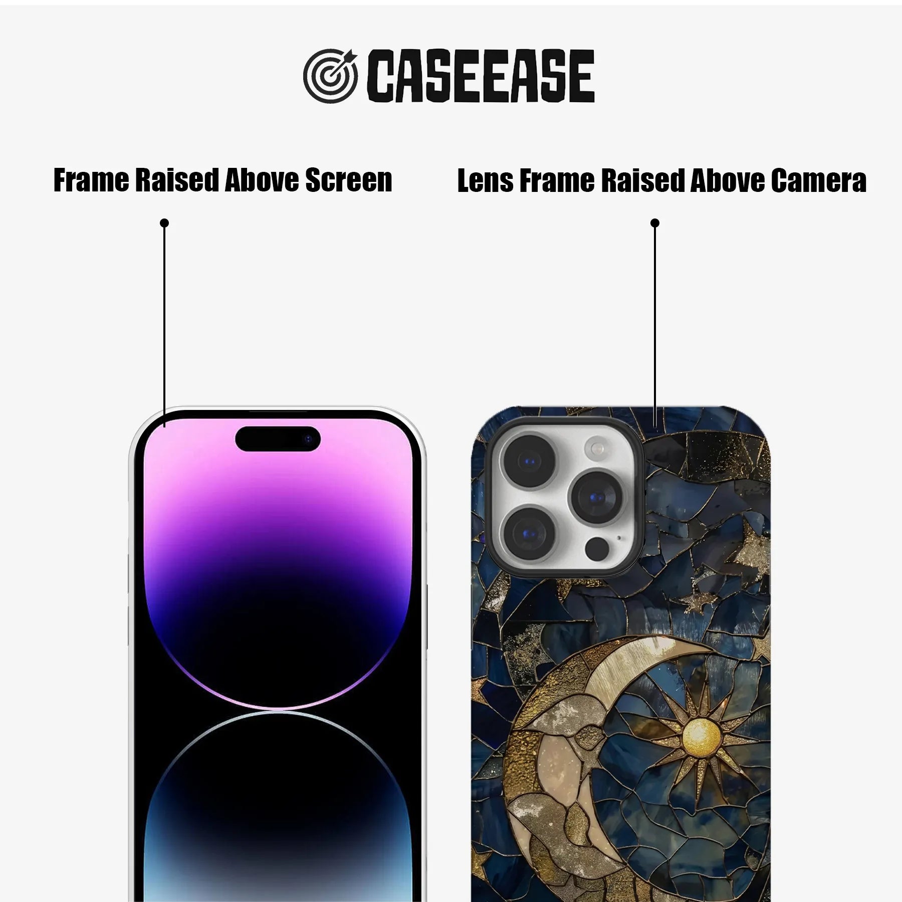 Blue moon phone case showing raised screen and camera frames, front and back angles