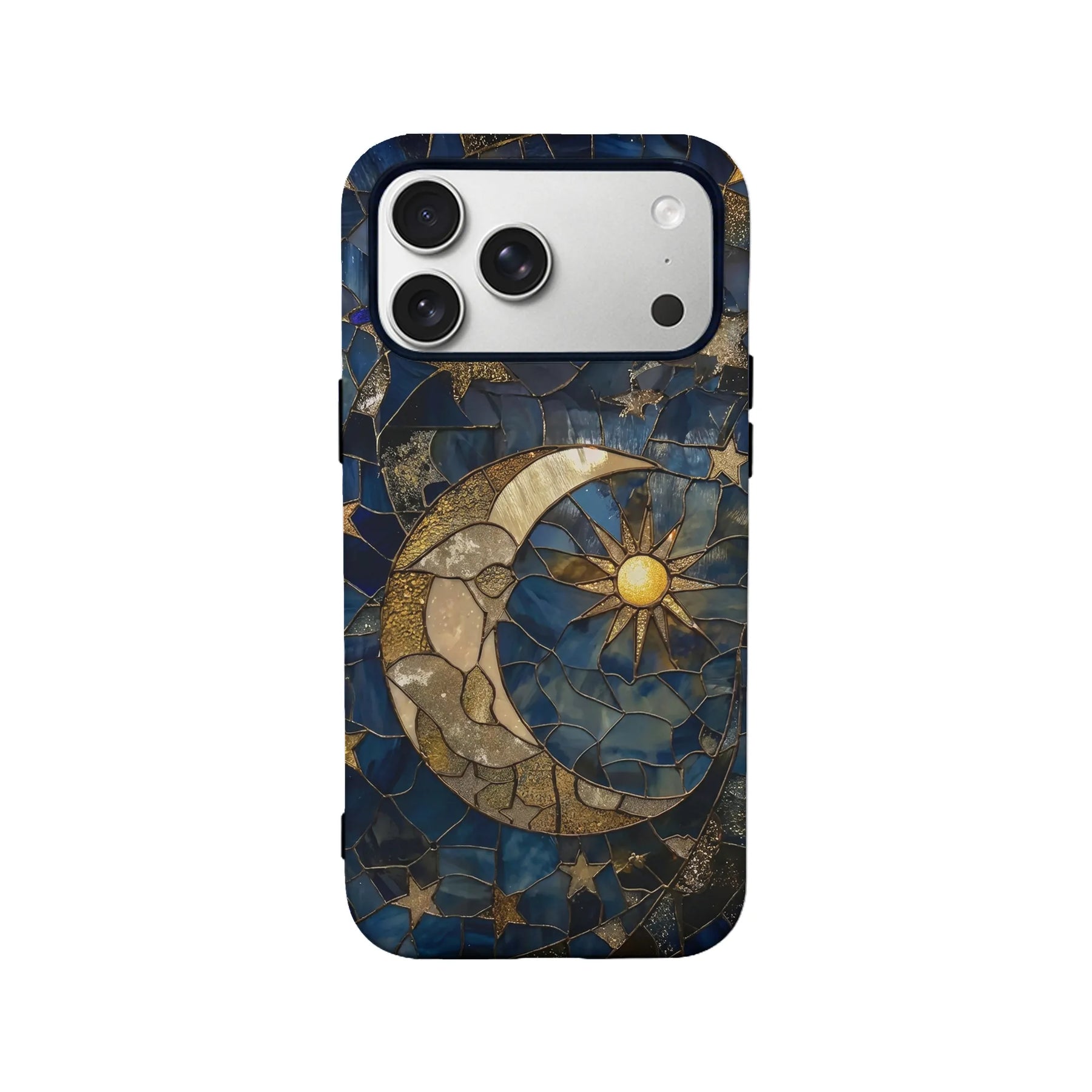 Blue and gold celestial mosaic phone case, back view with moon and sun design