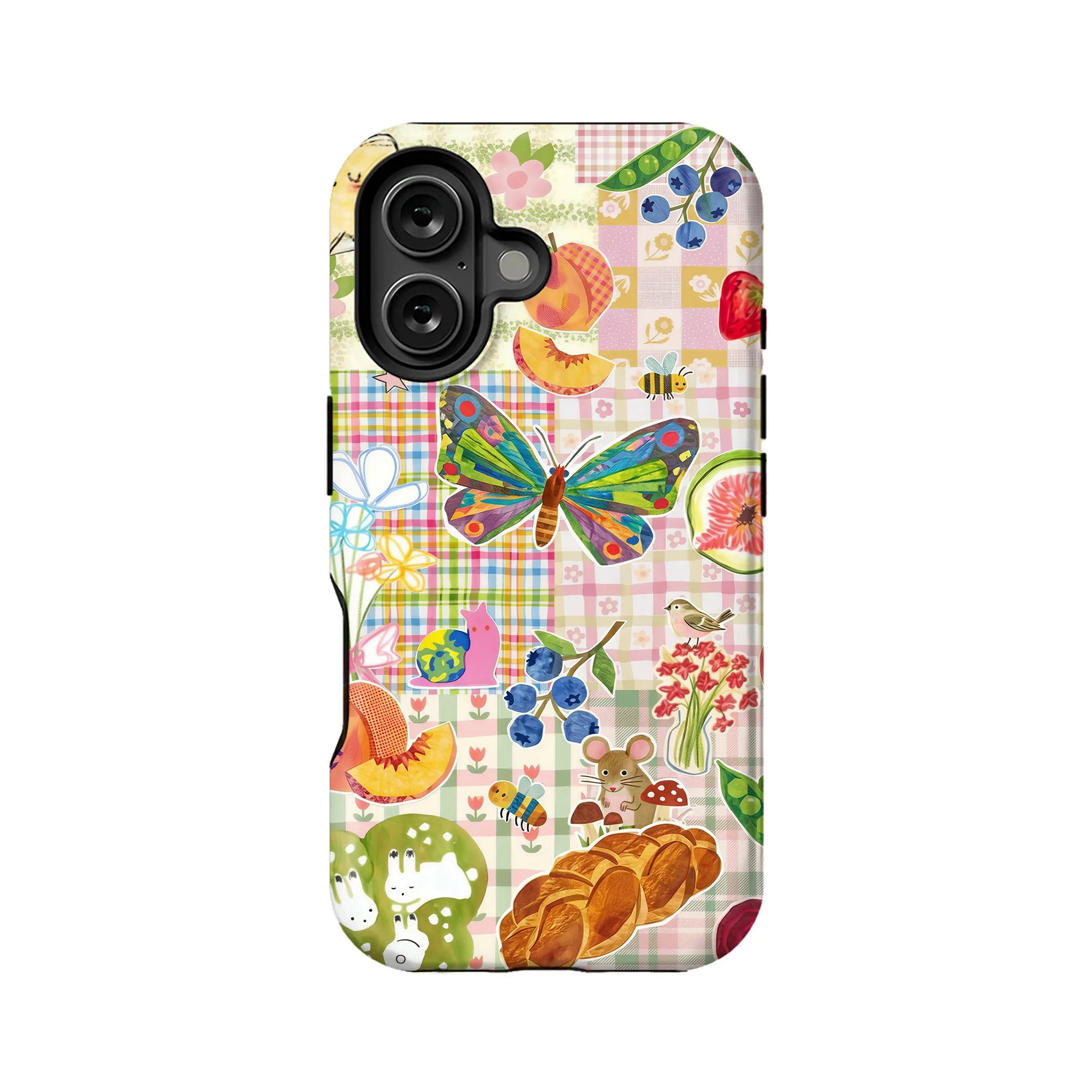 Colorful patchwork phone case with butterfly, fruit, animals, rear product view