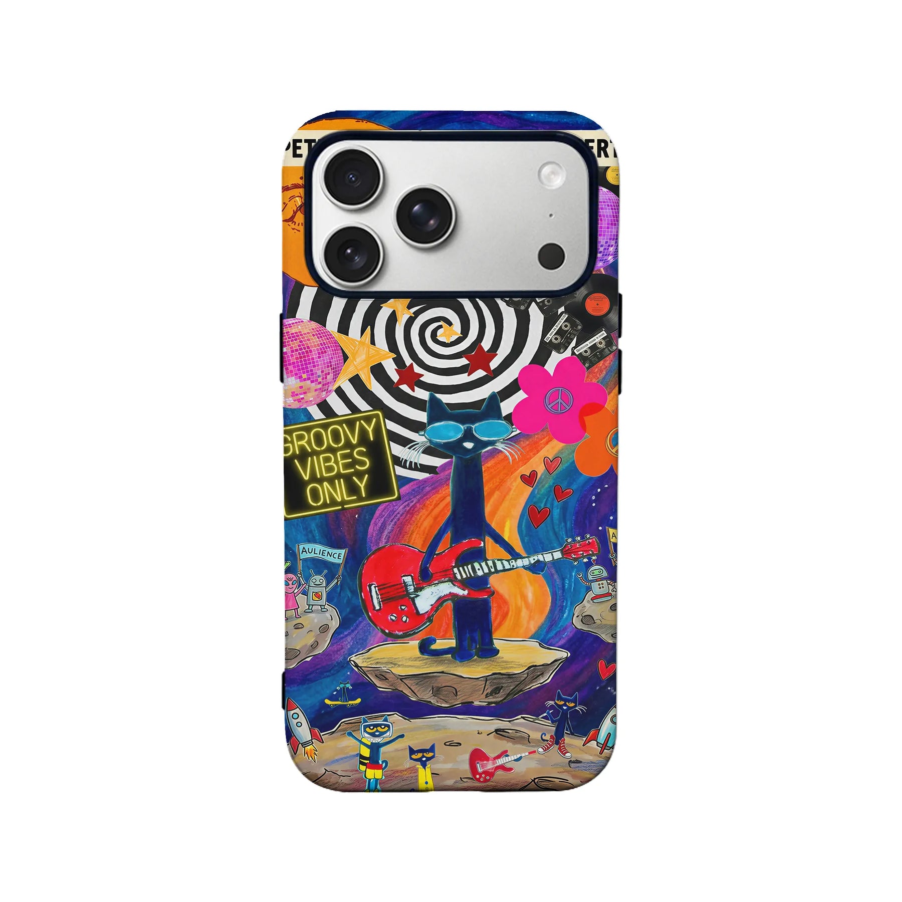 Colorful groovy space cat guitar phone case, rear view for Shopify product