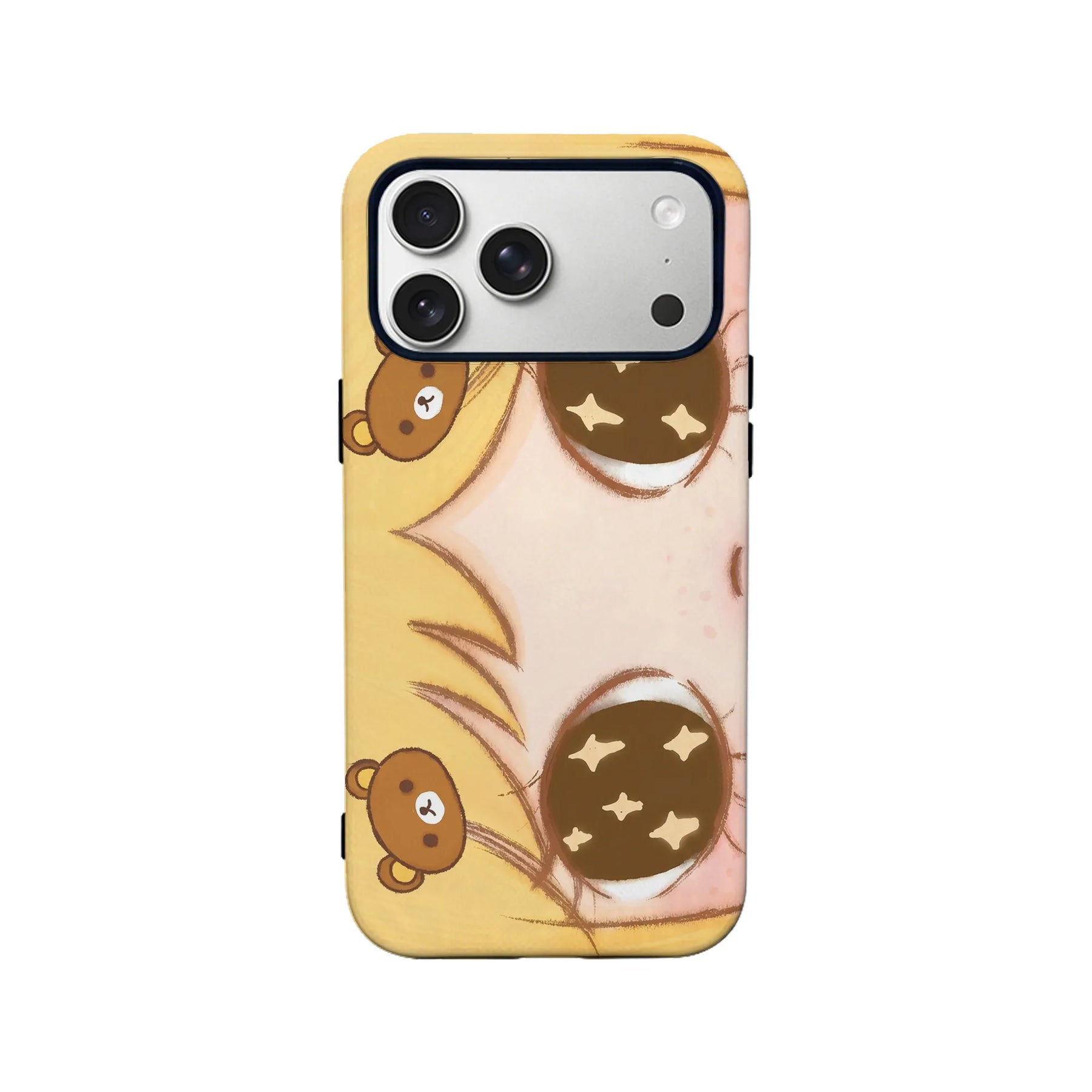 Yellow cartoon bear phone case with pink face design, rear product angle
