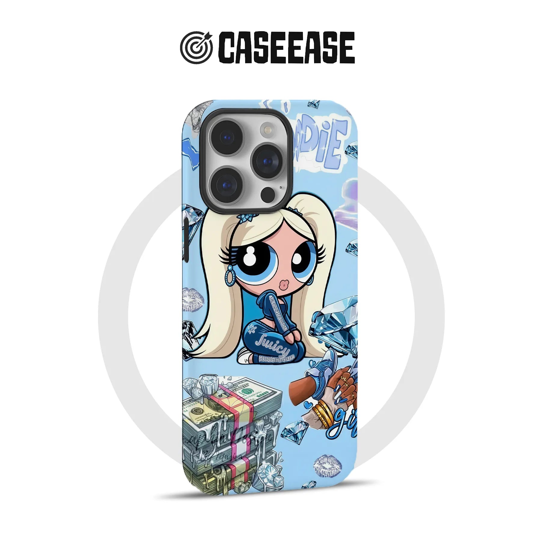 Light blue cartoon doll iPhone case with diamonds, rear angle product mockup