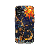 Front view phone case with blue stained glass sun and moon design