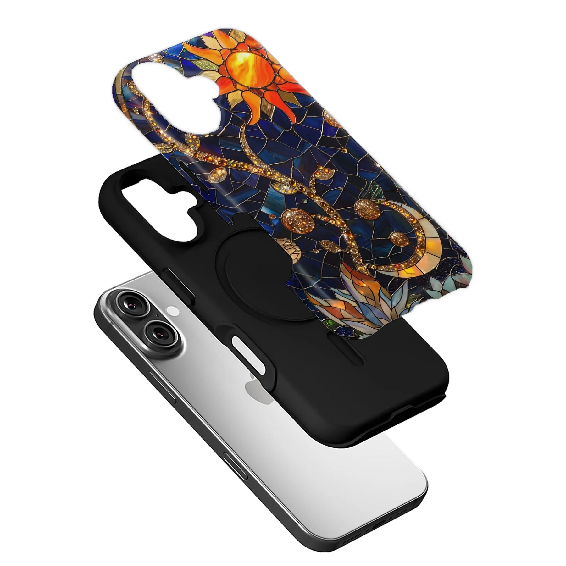 Colorful stained glass style phone case with black liner, angled above silver smartphone