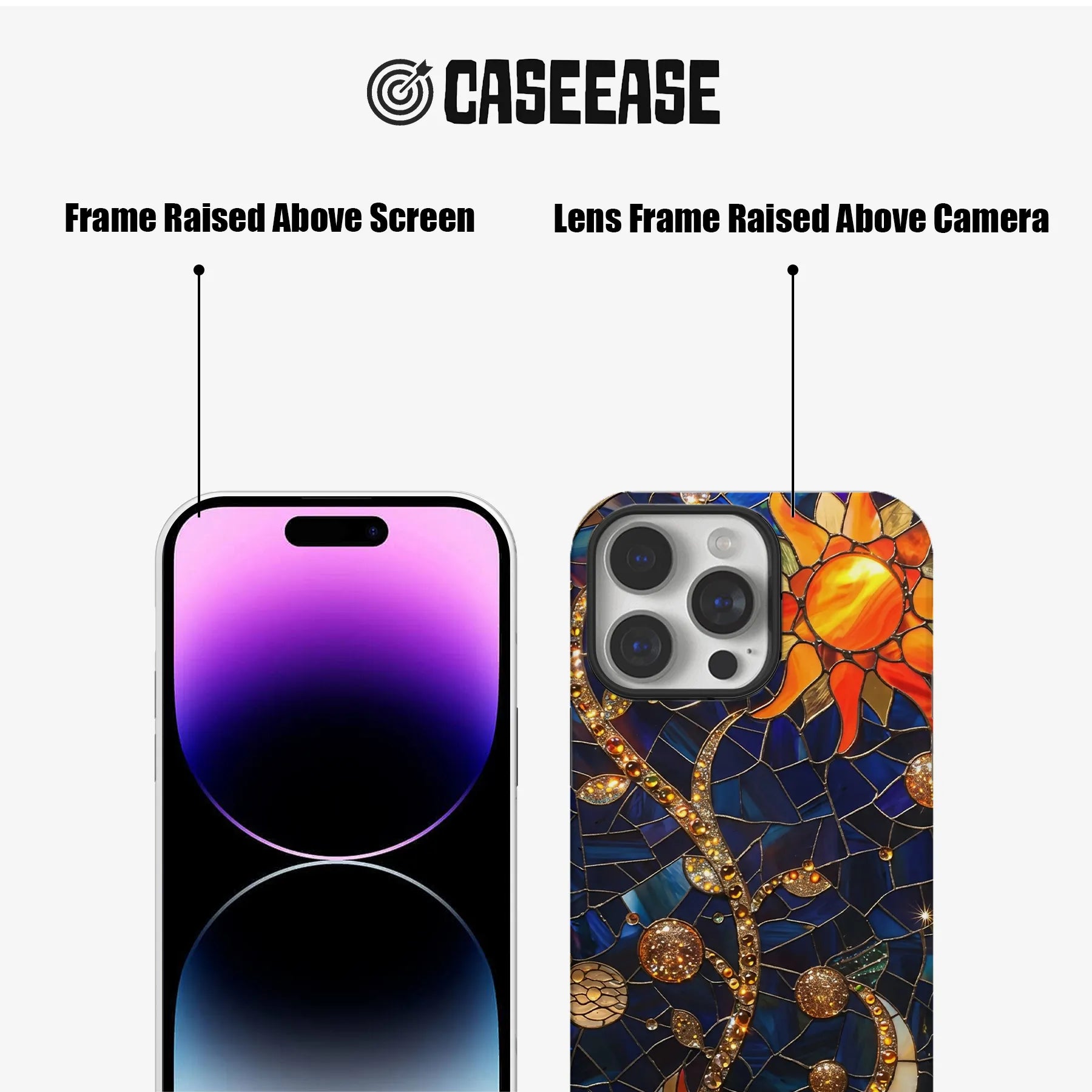 Colorful stained glass style iPhone case close-up showing raised screen and camera frames