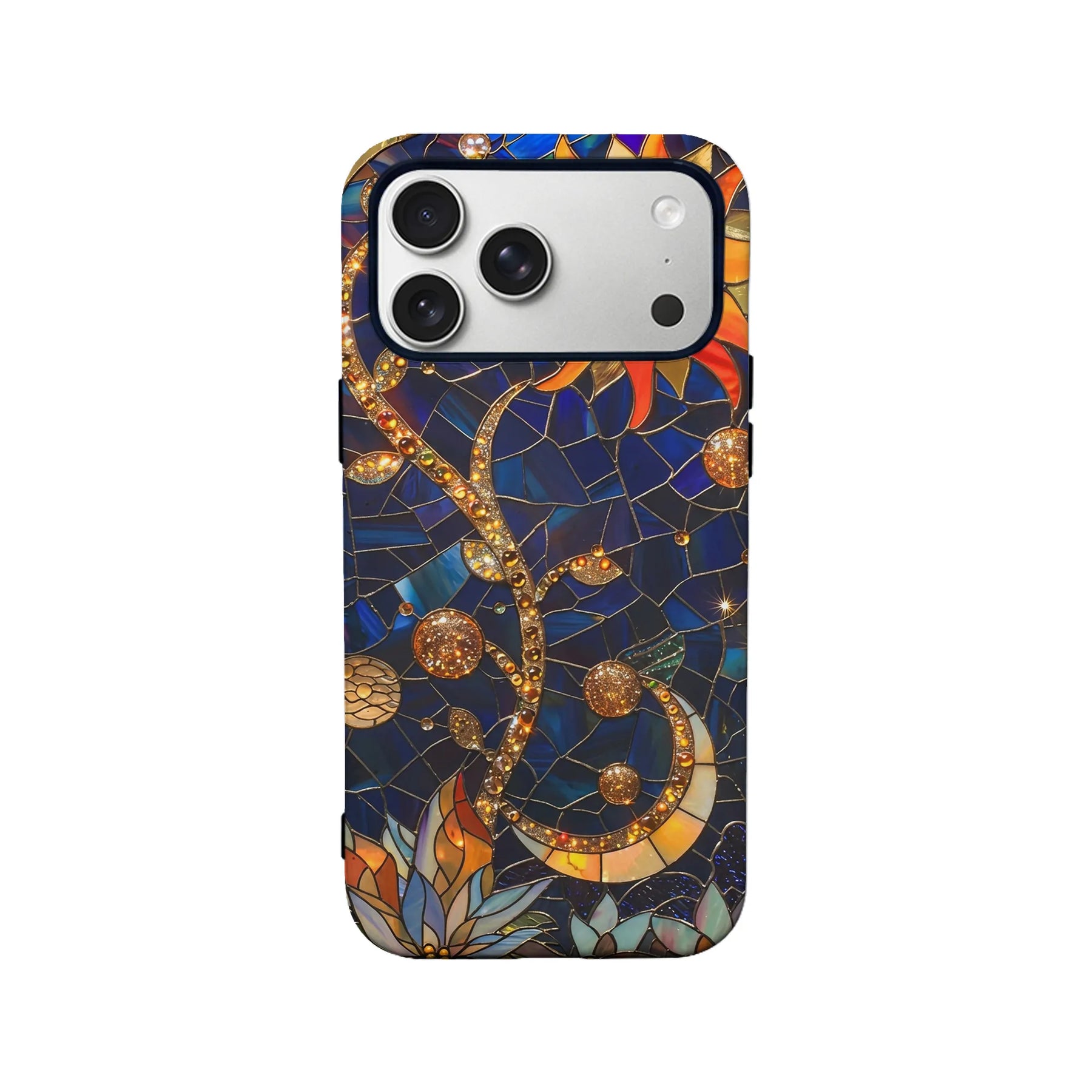 Dark blue stained glass style smartphone case with gold crescent, rear product view