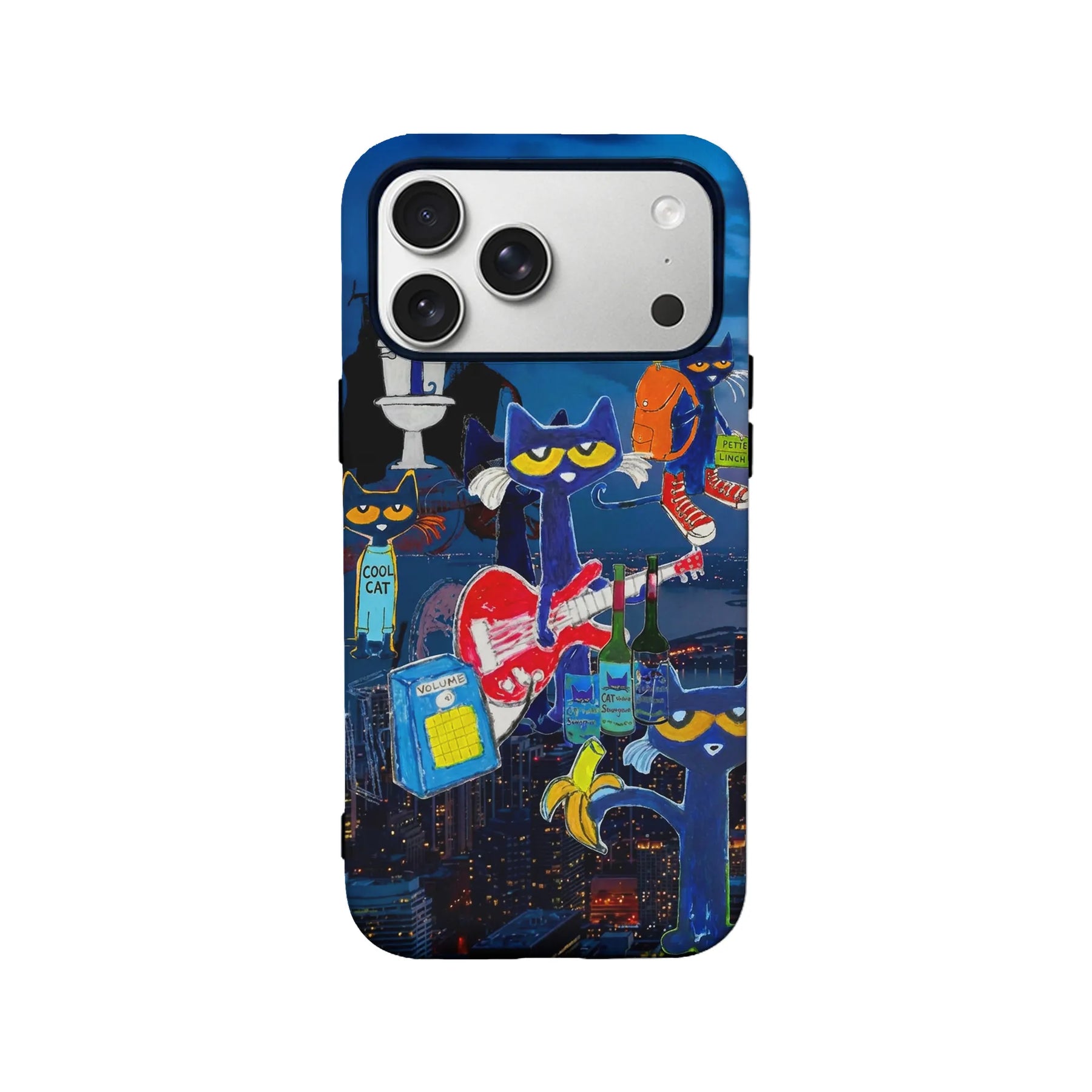 Blue phone case with cartoon cats and city scene, shown from back
