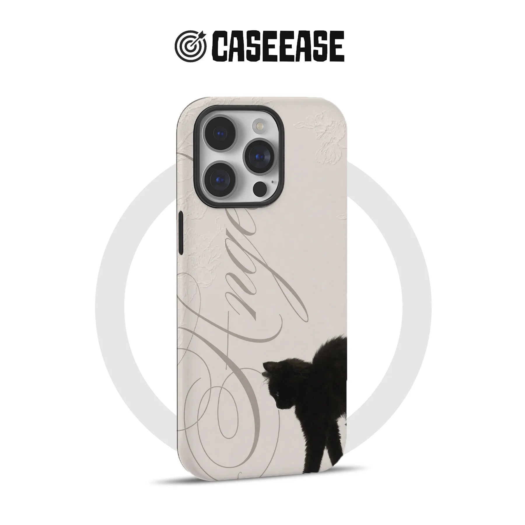 Beige iPhone case with black cat, floral script design, rear product view