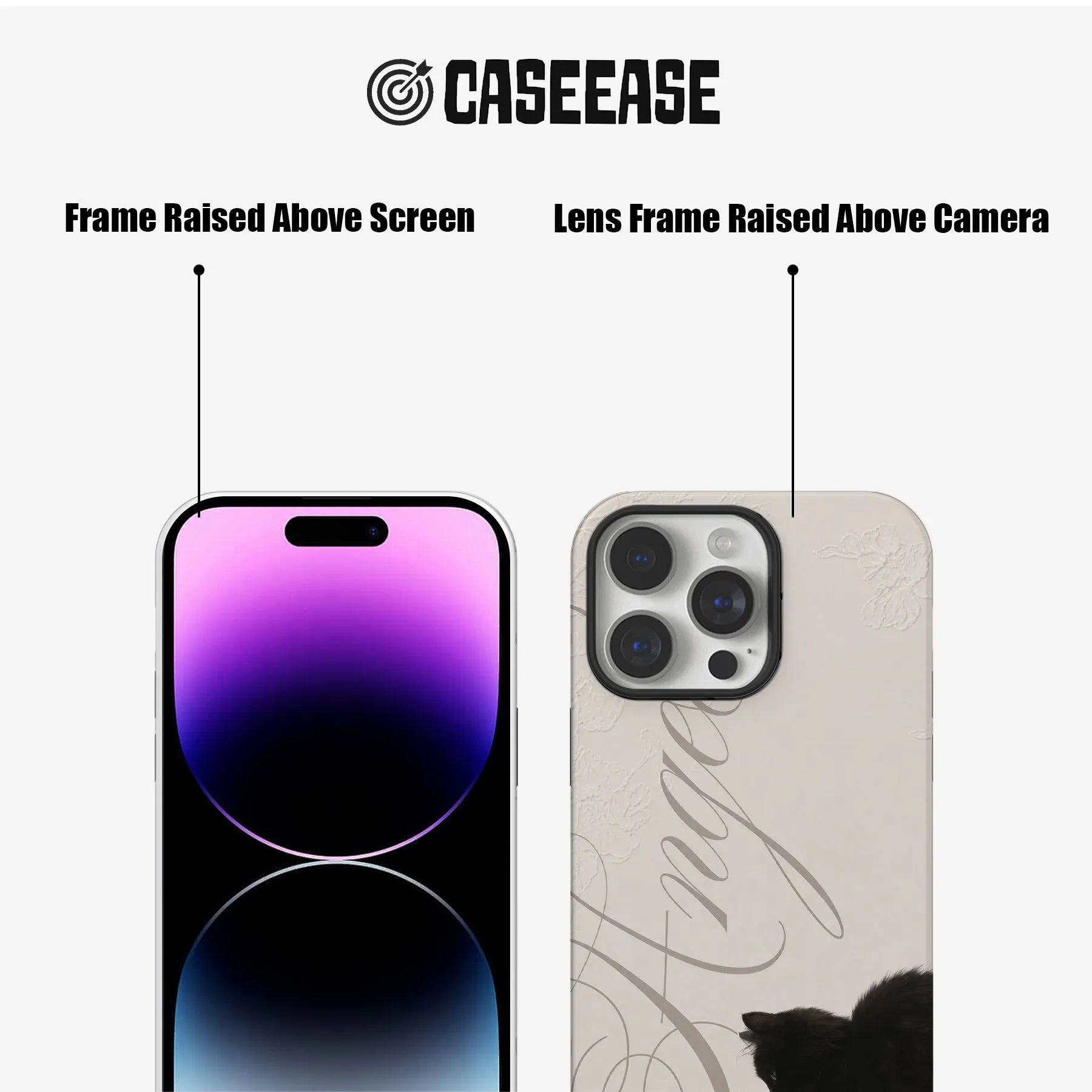 CASEEASE beige floral phone case front and rear views with raised screen and camera frames