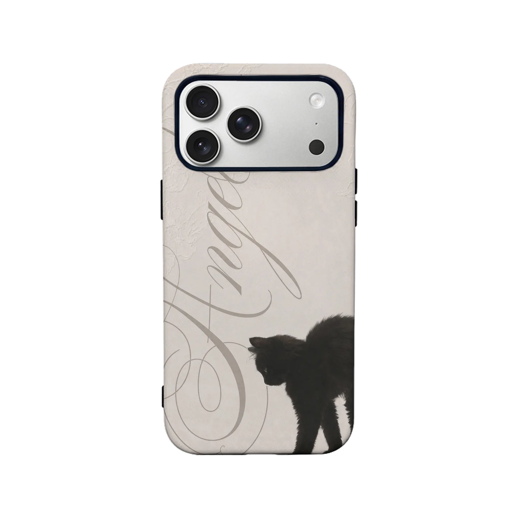 Beige phone case with black cat and script design, rear product view