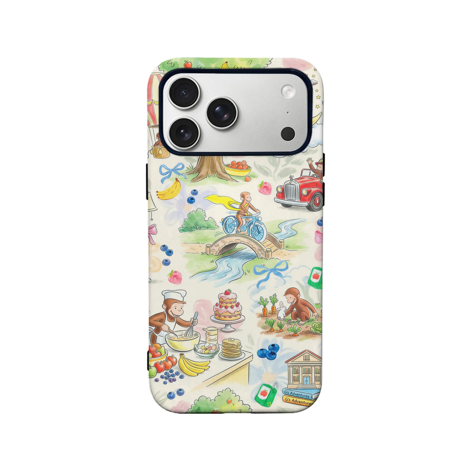 Cream illustrated phone case with colorful storybook scenes, rear angle on smartphone