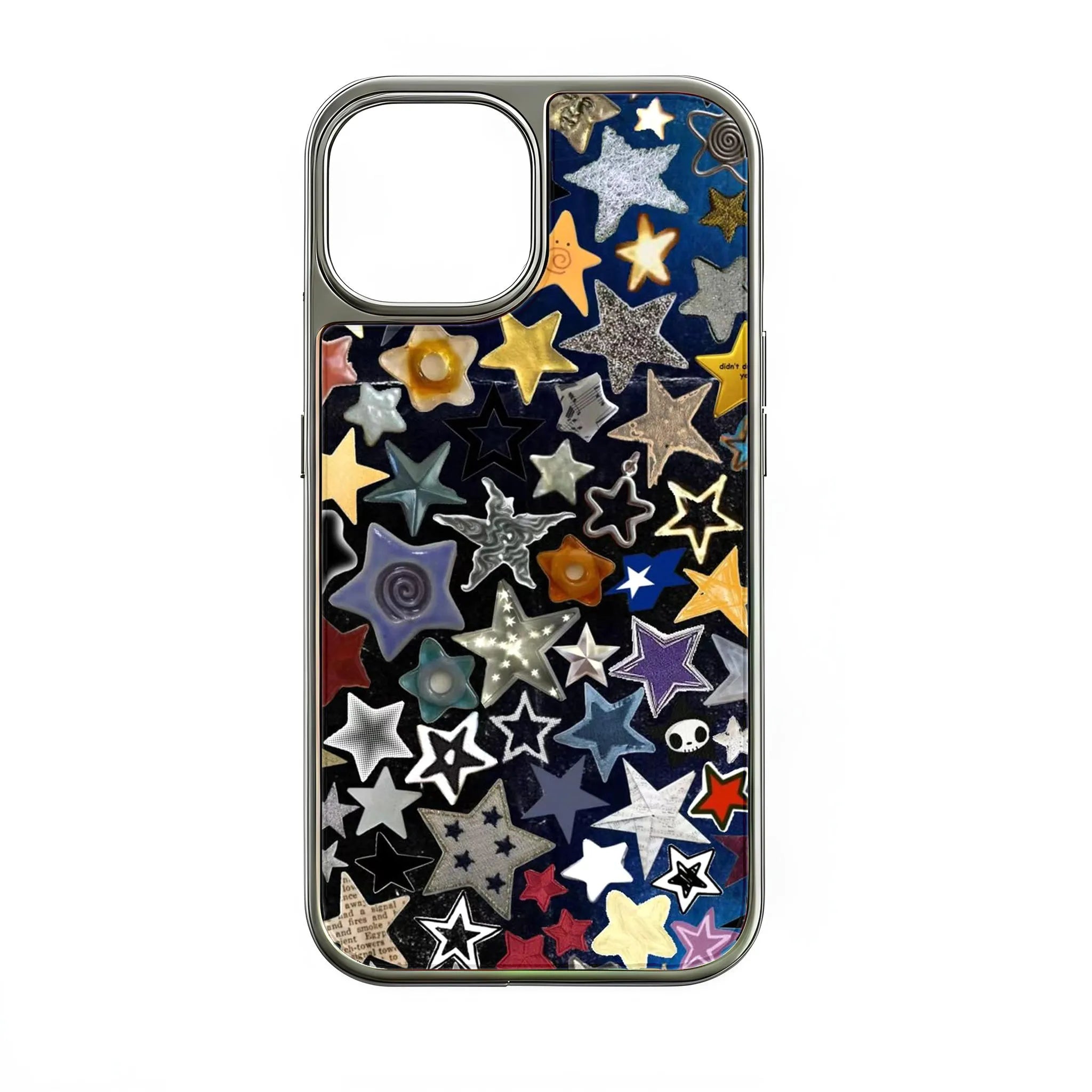 Silver phone case rear angle with multicolor star collage and large camera cutout