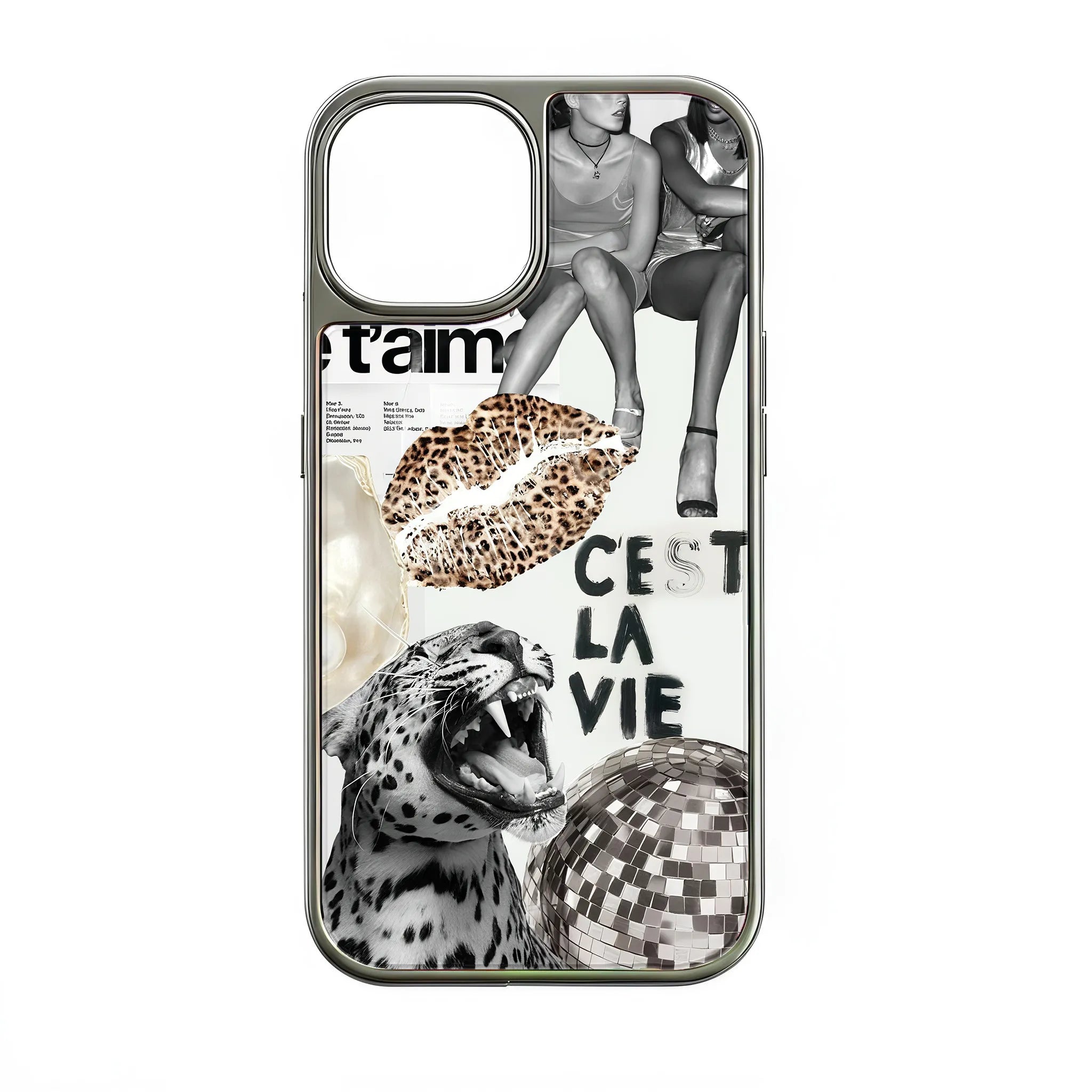 Silver phone case with fashion collage, leopard-print lips, roaring leopard, front angle