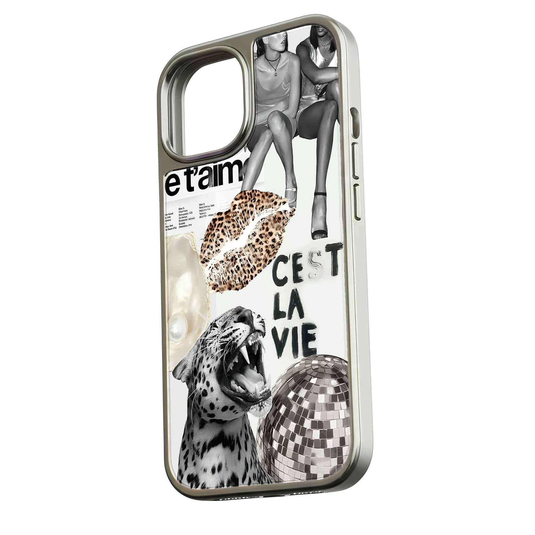 Silver phone case with collage art, leopard lips, disco ball, angled product view