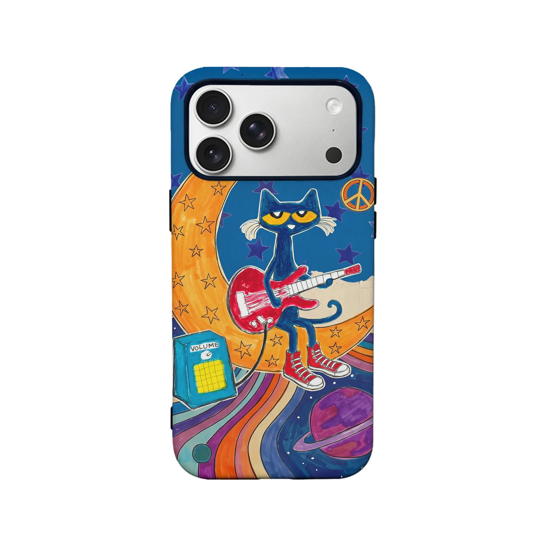 Colorful phone case with blue guitar cat artwork, rear product angle