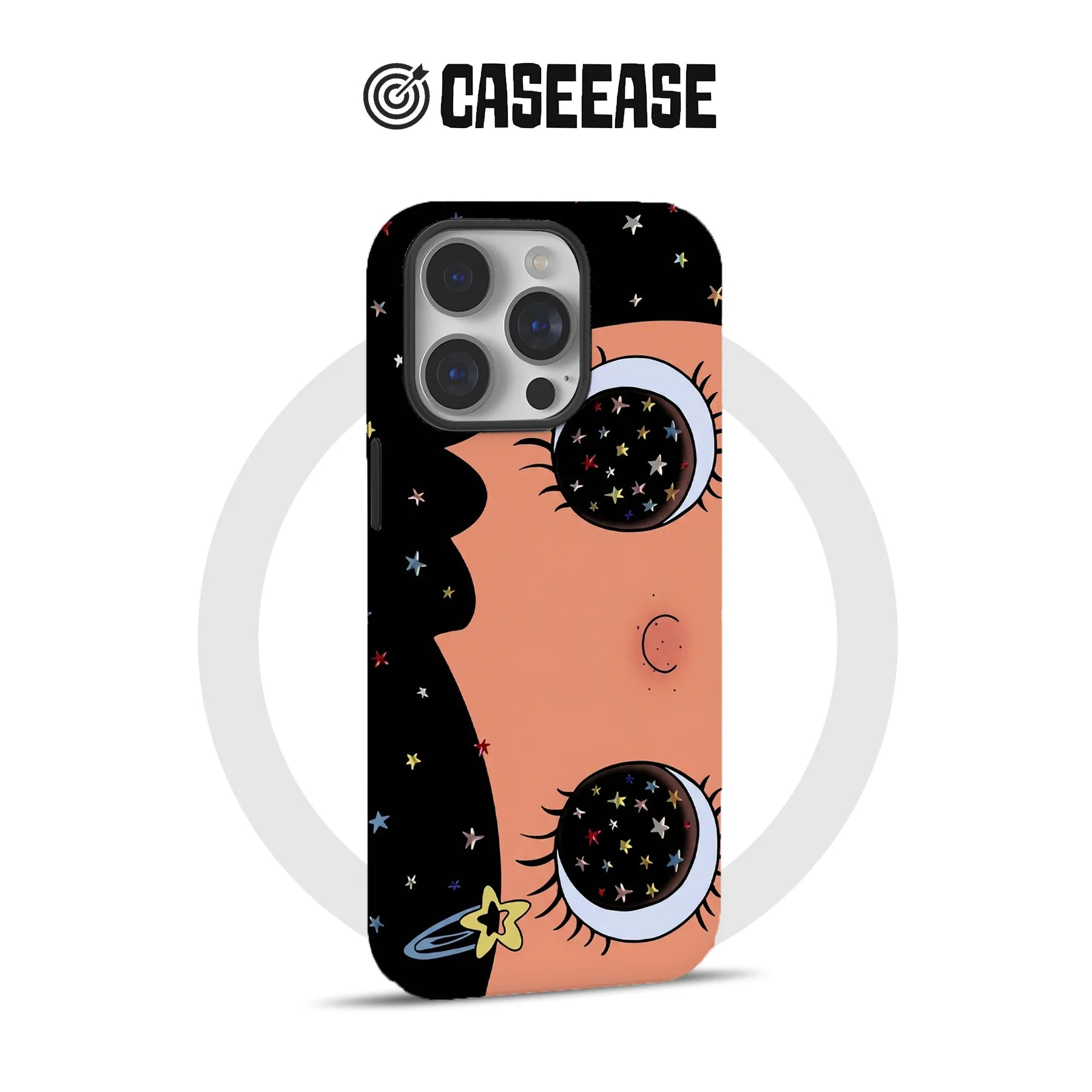 Black and peach CASEEASE phone case with starry cartoon eyes, rear product angle