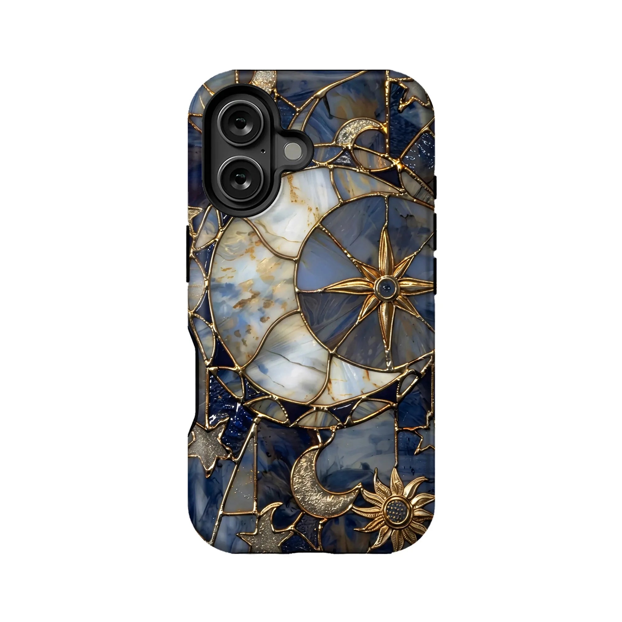 Blue and gold celestial stained glass phone case, rear product angle