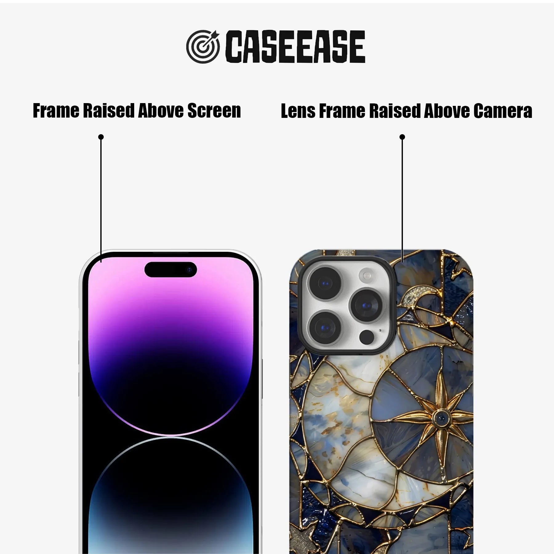 CASEEASE blue gold patterned phone case close-up showing raised screen and camera frames