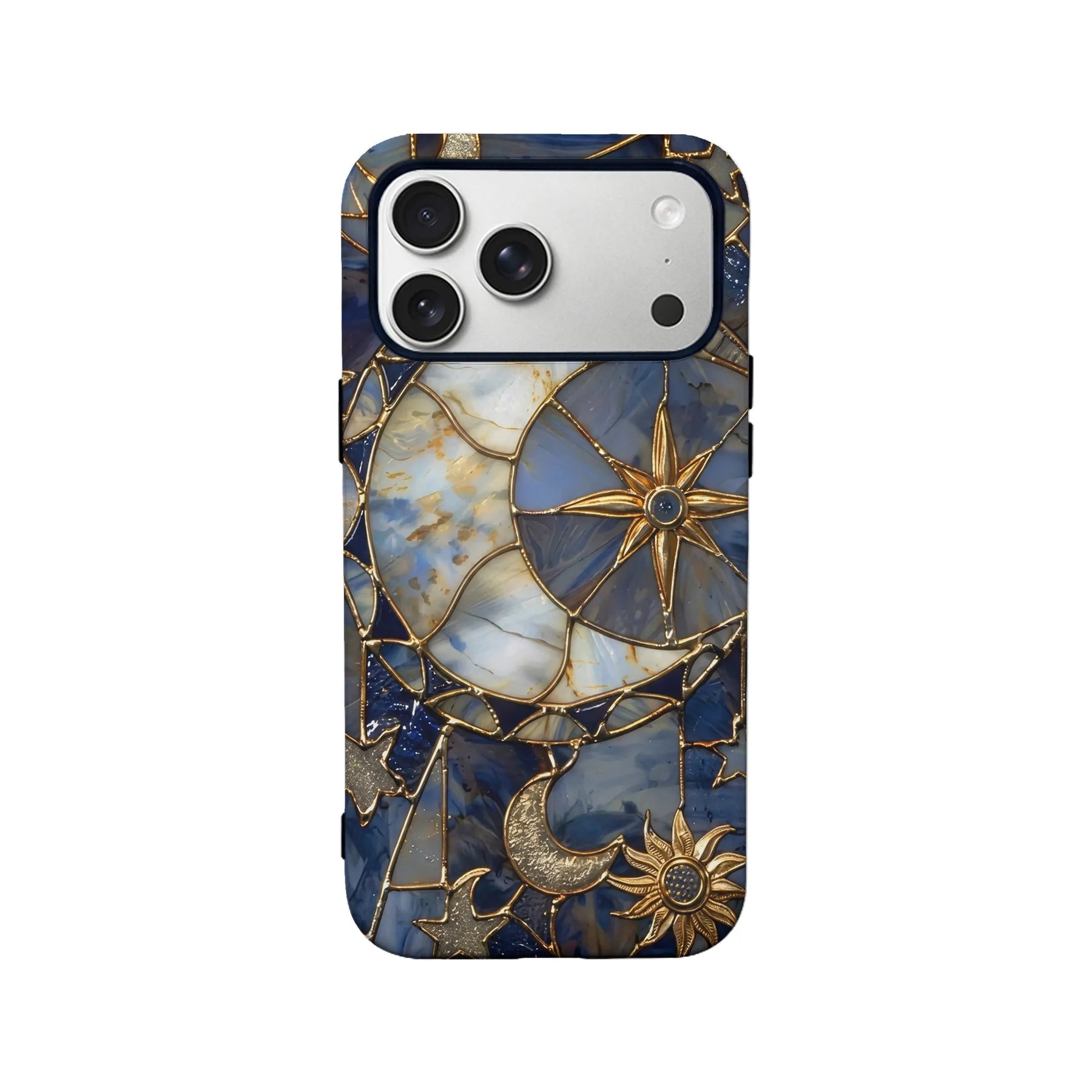 Blue and gold celestial stained-glass style phone case, rear angle with camera cutout