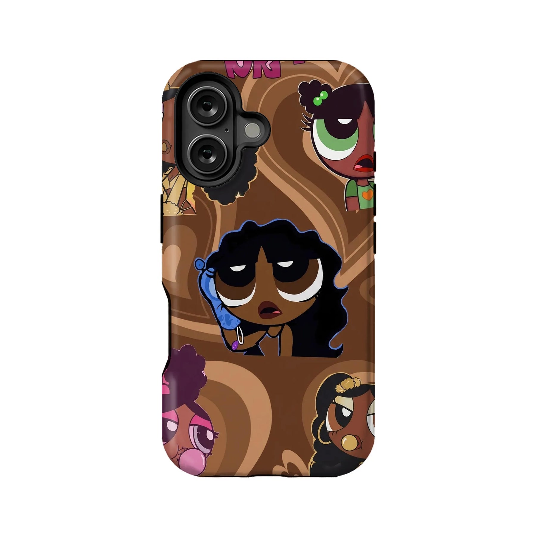 Brown cartoon character phone case, rear view with black dual camera cutout