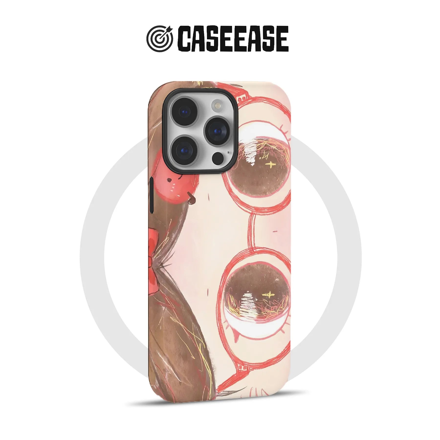 Pink illustrated CASEEASE iPhone case with red sunglasses design, rear product angle