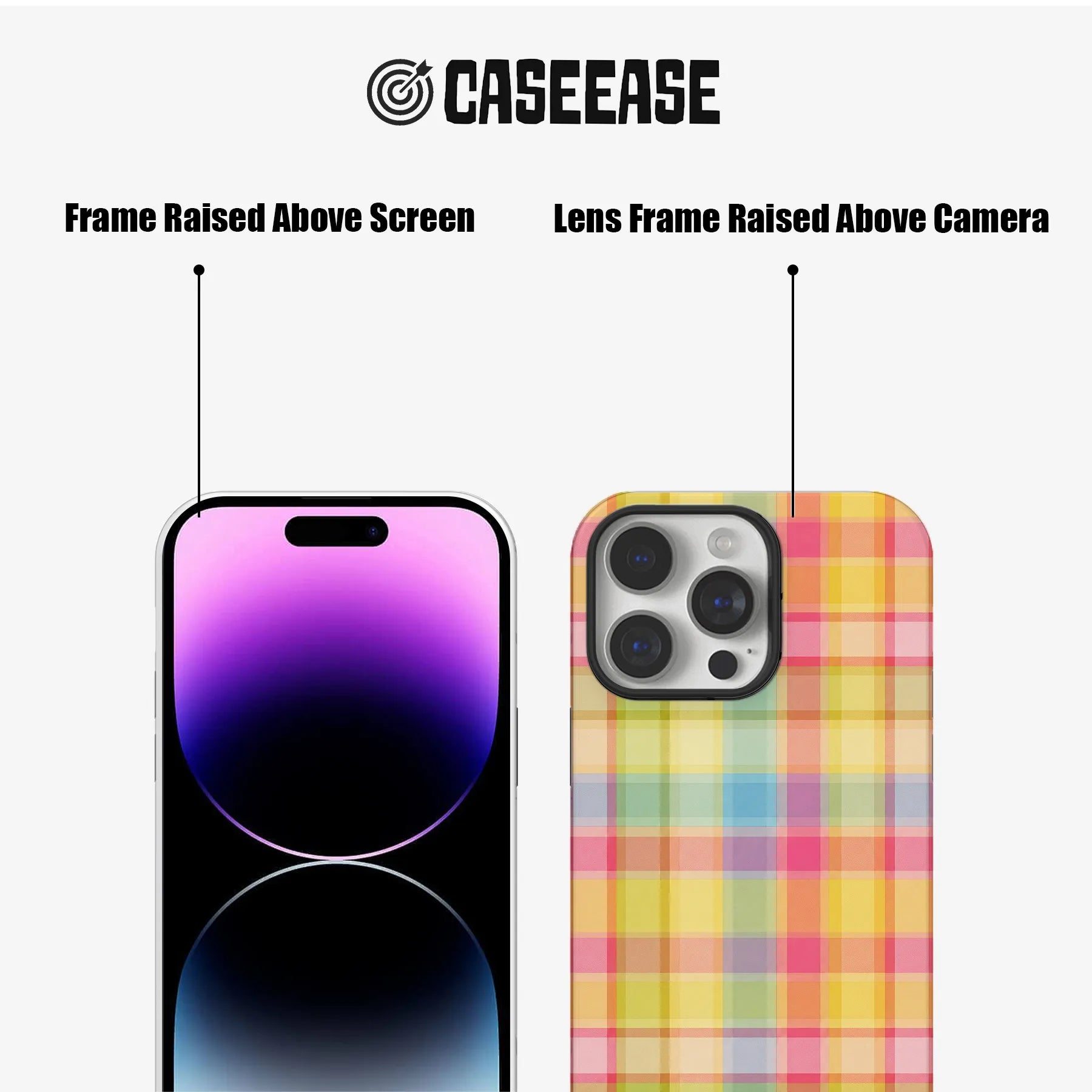 Colorful plaid phone case front and rear views with raised screen and camera frames