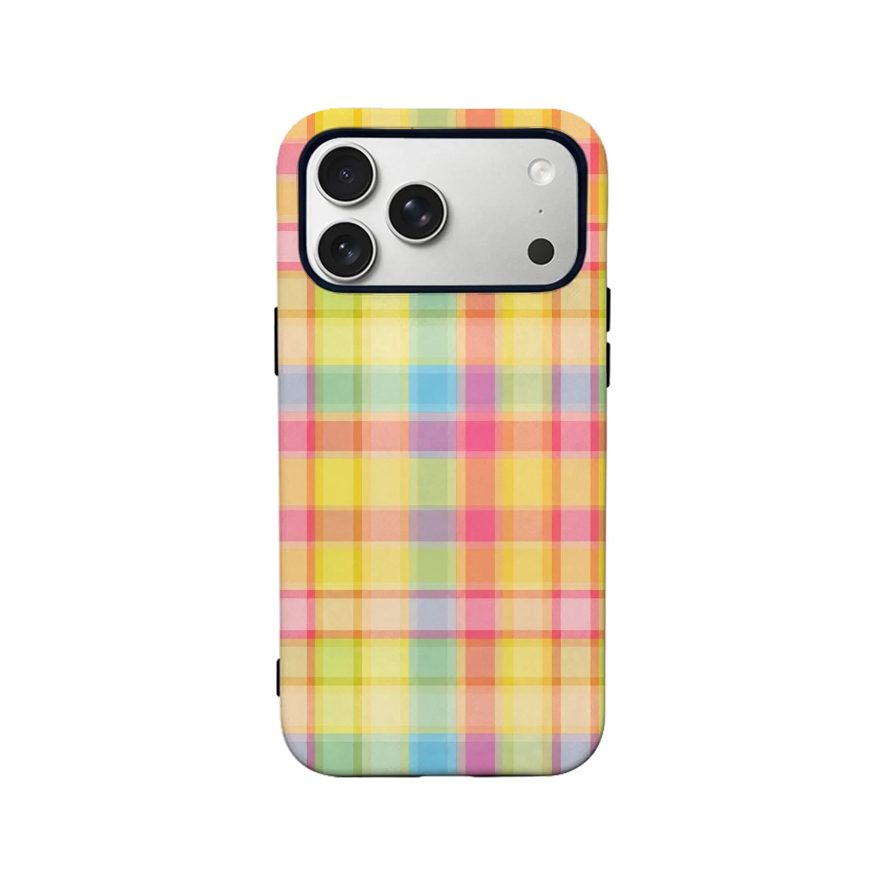 Pastel multicolor plaid phone case shown from back with camera cutout