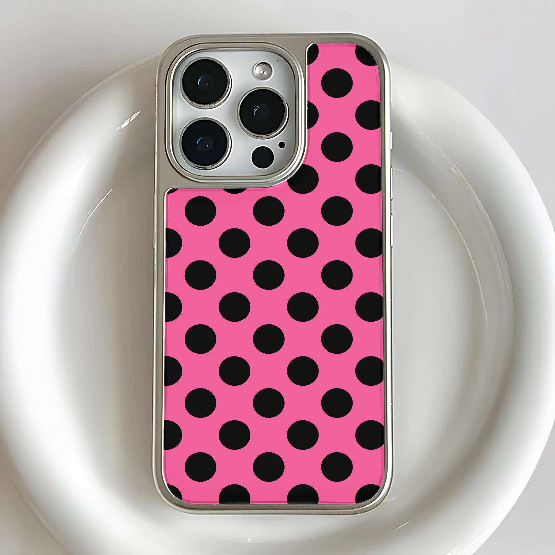 Polka Dot Holographic Chrome Phone Case - Pink and Black Design