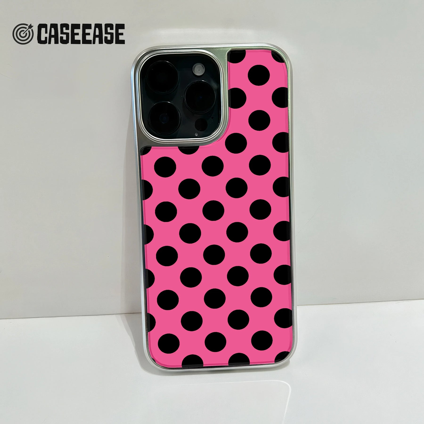 Polka Dot Holographic Chrome Phone Case - Pink and Black Design